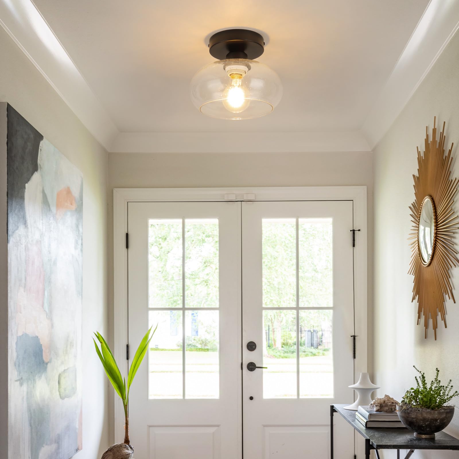 Wilon Industrial Semi Flush Mount Ceiling Light, Hallway Light Fixture With Glass Shade, Small Black Kitchen Ceiling Light Fixtu