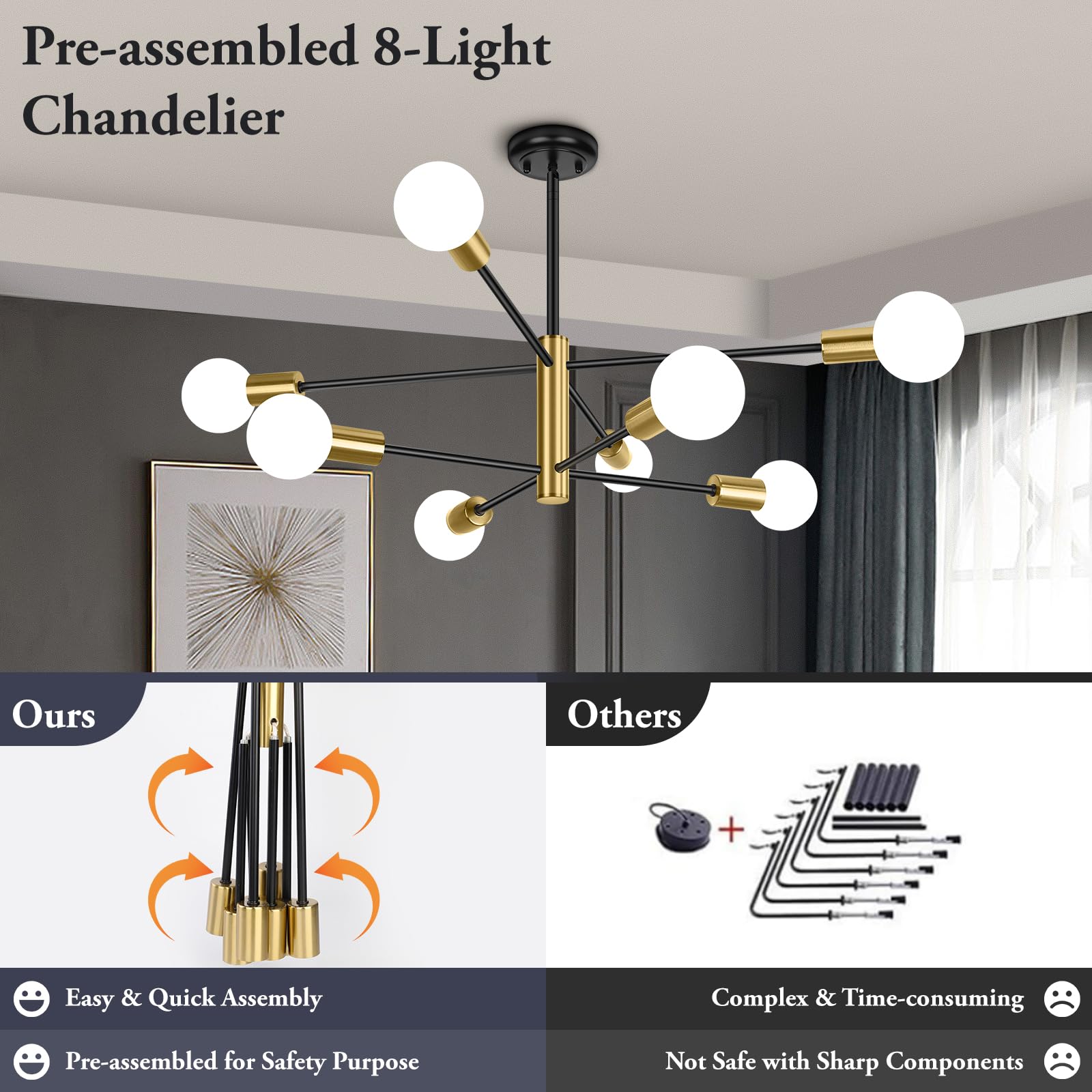 Beslowe 8-Light Modern Sputnik Chandelier, Mid Century Black & Gold Chandeliers Lighting, Farmhouse Ceiling Hanging Light Fixtur