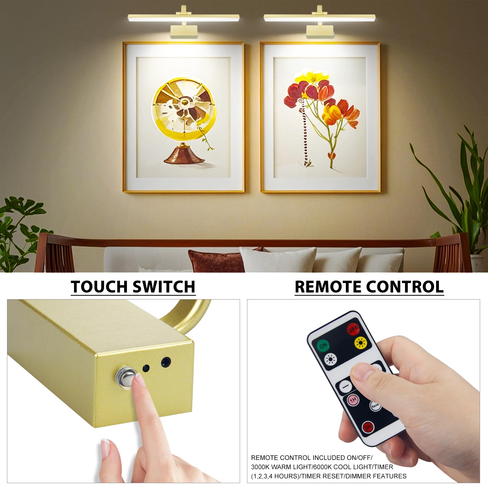 RAIFOOLLY Picture Light, Battery Operated, Remote Dimmable, 3 Modes, 16in Size, discomfort-reducingted Gold, Model RF00181