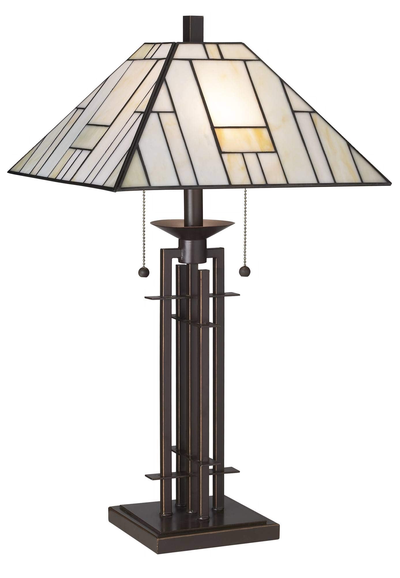 Franklin Iron Works Mission Tiffany Style Table Lamp Art Deco 26.25'' High Wrought Iron Dark Bronze Brown Gold White Stained Gla
