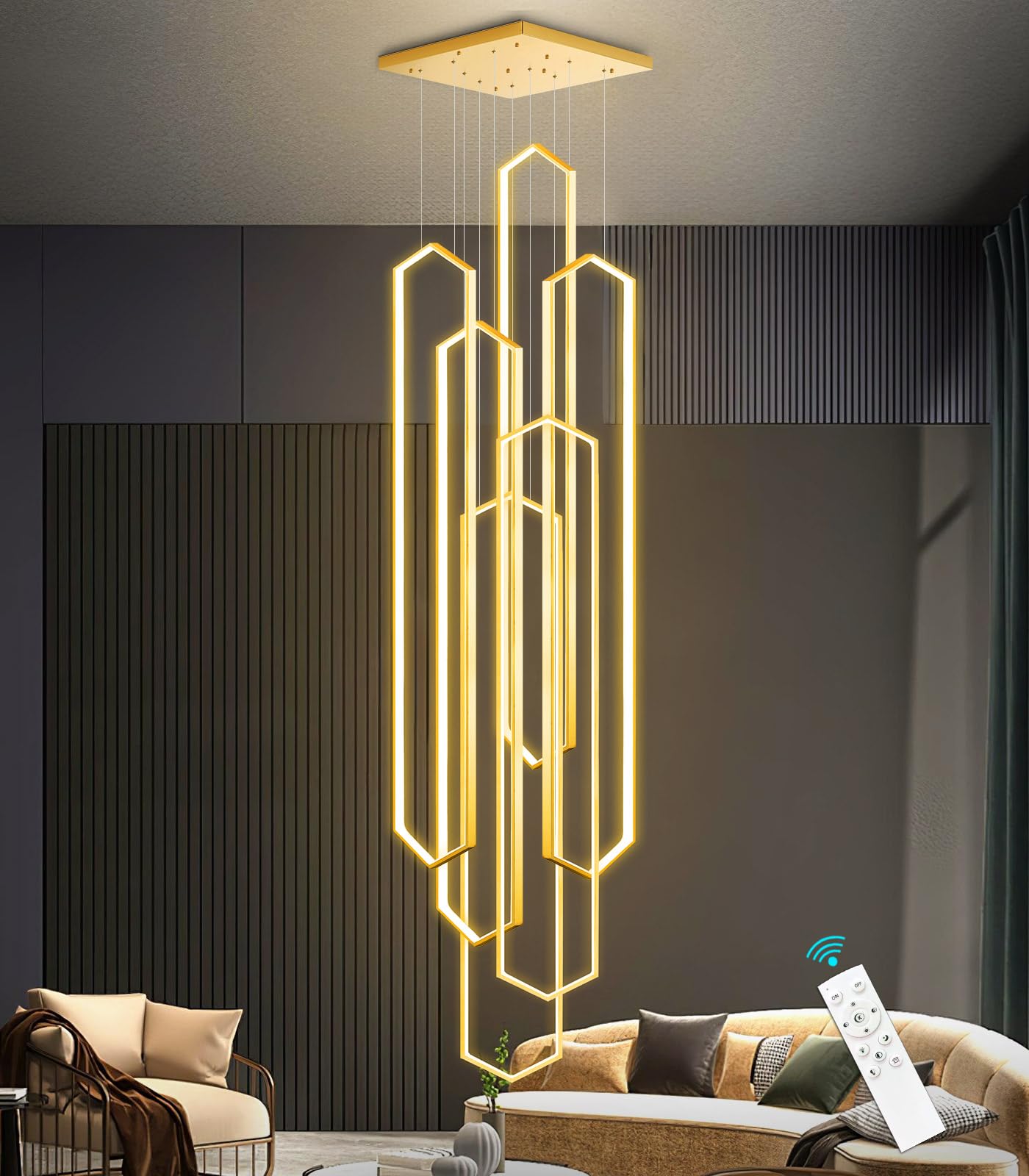 Gold High Ceiling Chandelier for Foyer Modern Large Chandelier Dimmable LED 6 Rings Living Room Modern Hanging Ceiling Light