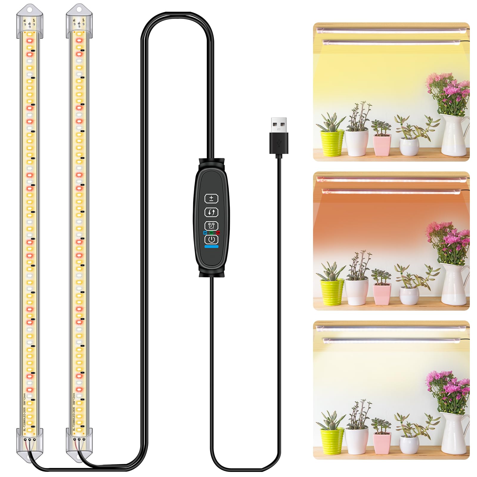 LPMZMBL Plant Grow Light Strips, 120 LEDs Full Spectrum, 2 Heads, Timer, Dimmable, Aluminum, White Red, Model MH-YGT-2