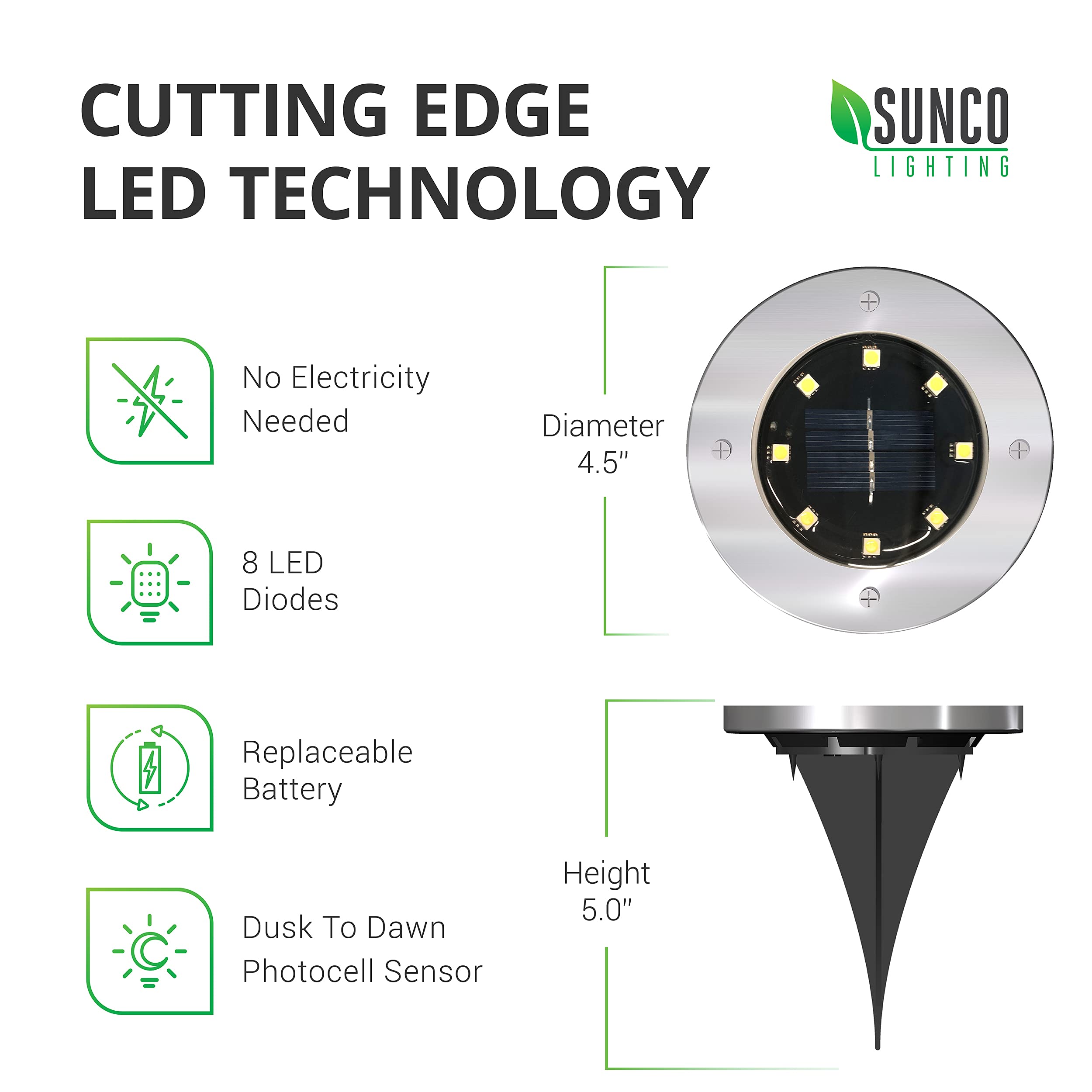Sunco 12 Pack Solar LED Garden Lights, Waterproof Dusk to Dawn, Polycarbonate, 7000K Diamond White, Model PL_SOL-7K-12PK