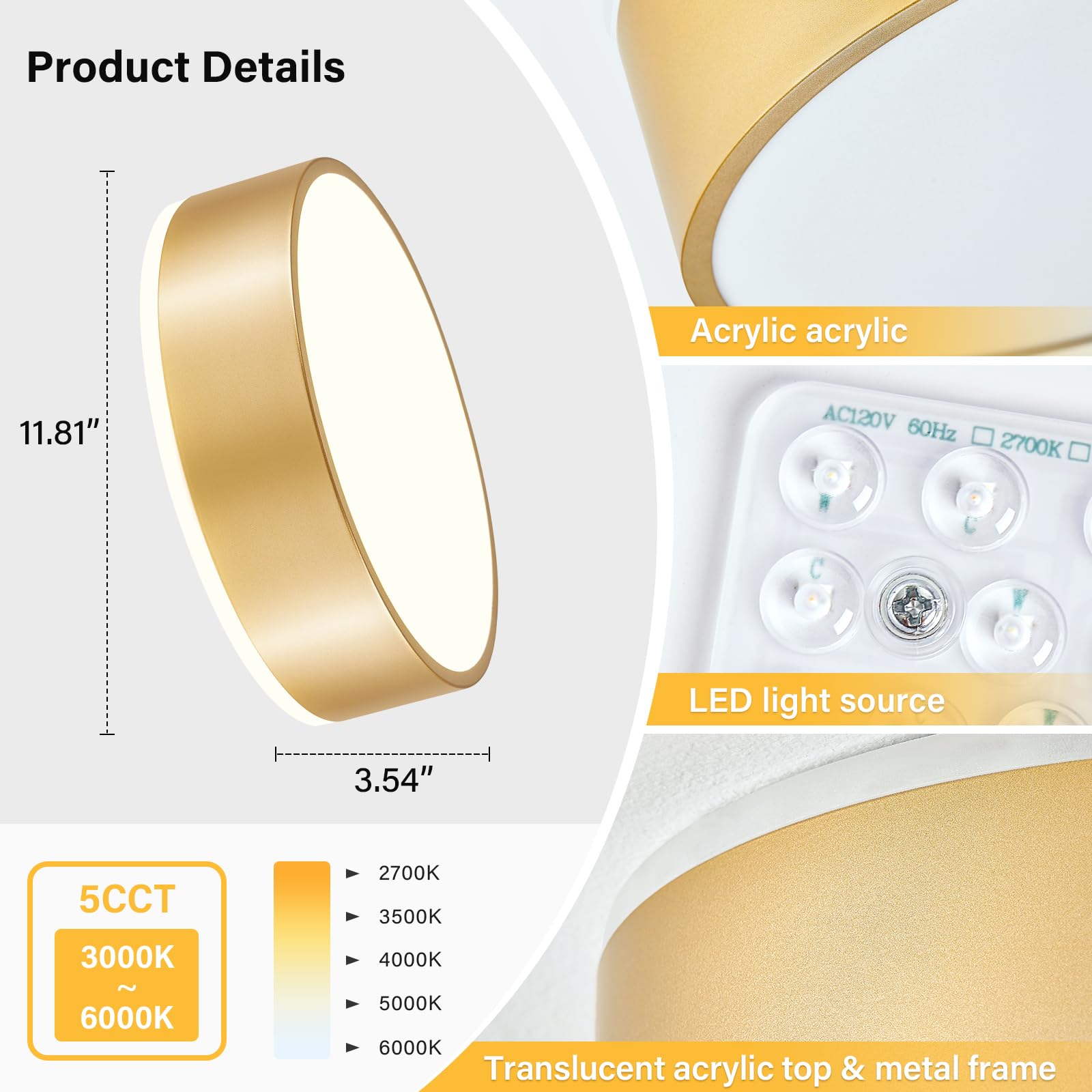 Peblto Gold Dimmable Led Ceiling Light, 2700K-6000K, Modern Flush Mount, 11.8