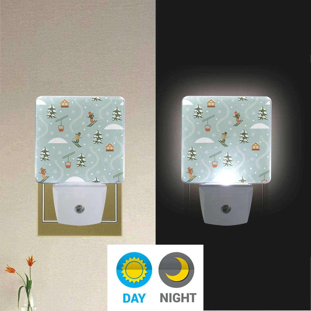 DIY.HD Plug-in LED Night Light Lamp with Dusk to Dawn Sensor, 0.5W, Ski Design, 2 Pack, One Size