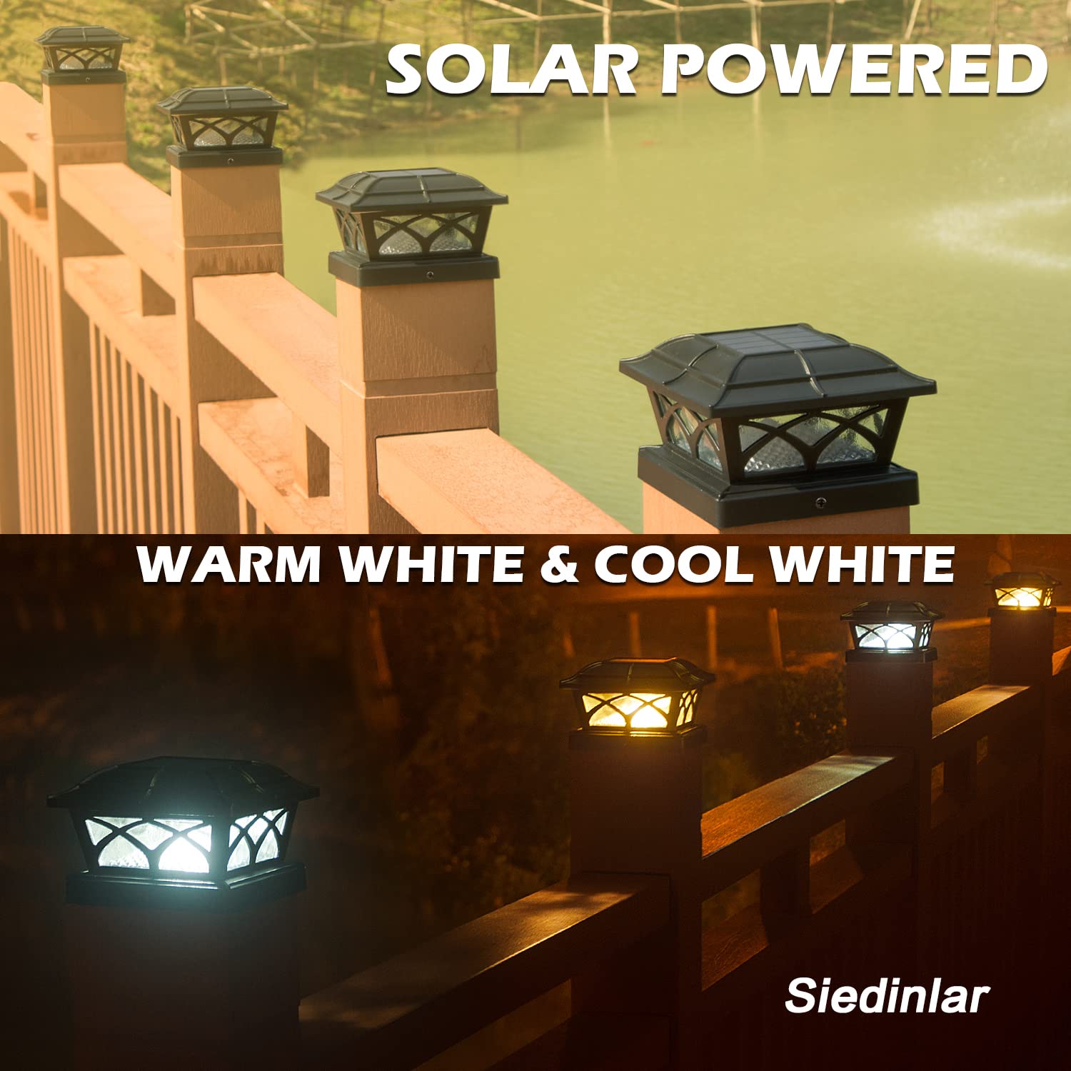 SIEDiNLAR Solar Post Cap Lights, 8 LEDs, Glass, Black, 1 Pack, Warm & Cool White, Fits 4x4, 5x5, 6x