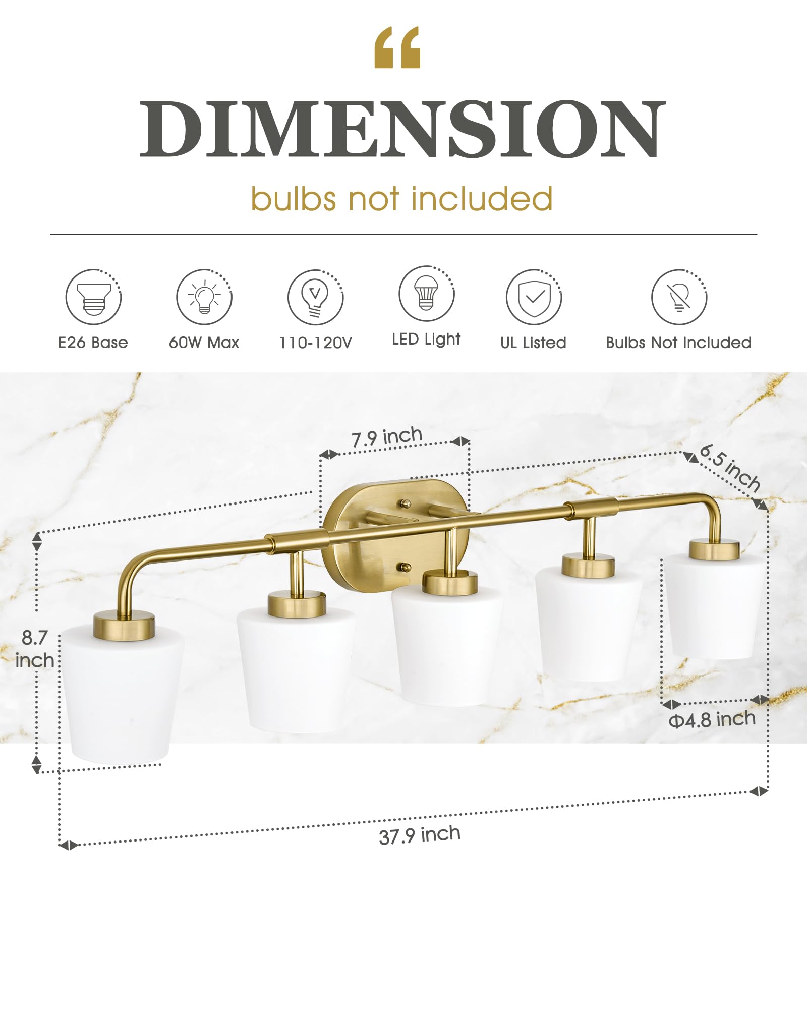 Audickic 5-Light Bathroom Vanity Light Fixture, Brushed Gold, Milk White Glass, Model AD-22004-5W-GD, 38inch Farmhouse Wall Sconce