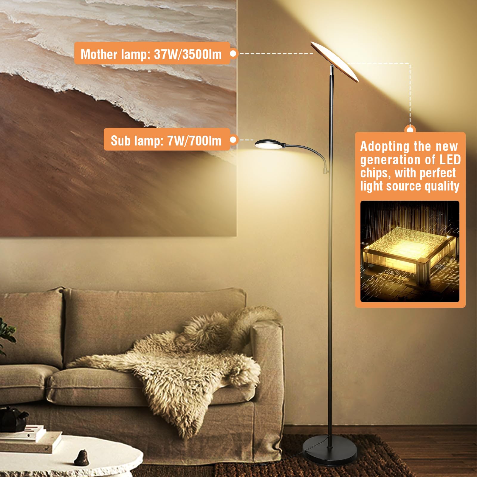Marctronic 44W Led Floor Lamp, 4500Lm Dimmable Modern Remote Lamp For Living Room & Bedroom