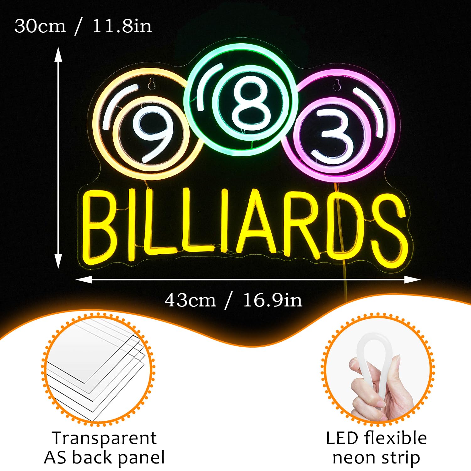 Billiards Neon Sign Led Colorful Neon Light For Wall Decor Dimmable Usb Neon Lights For Billiard Room Game Party Decor Bedroom Man Cave Boys Gift(16.9X11.8)