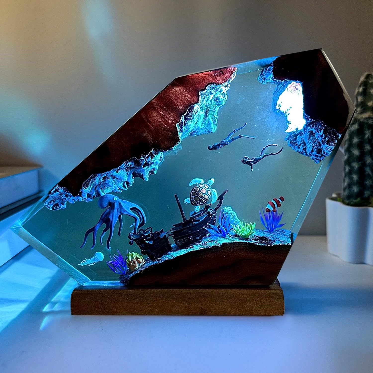 MASDEC Octopus Resin Lamp  Handcrafted RGB Ocean Lamp with Wooden Base Octopus Decor for Bedroom  Scuba Diving Gifts for Him & Her  Unique Birthday & Valentines Day Gifts (S 6X4)