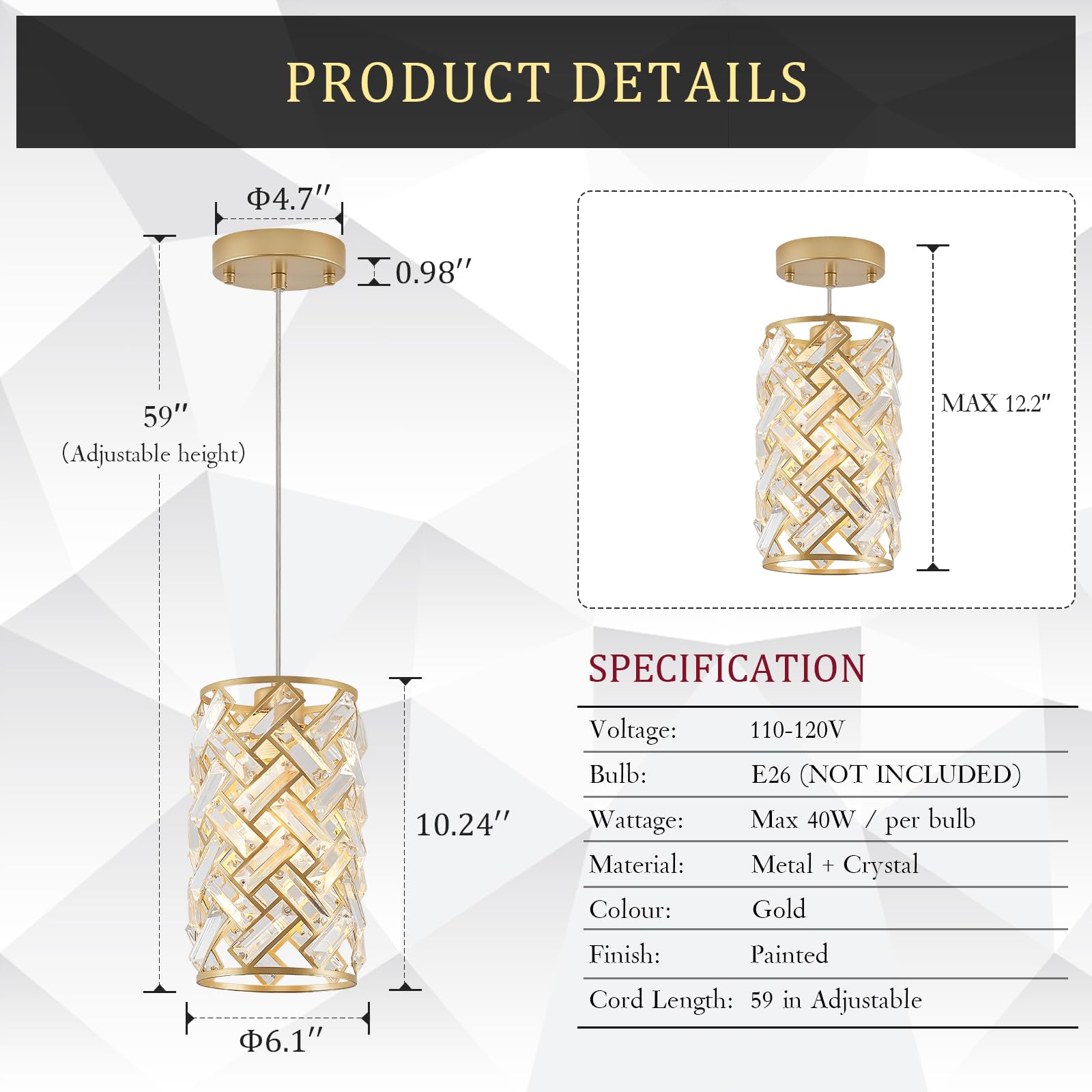 Catiner Modern Crystal Pendant Light Fixture 3-Pack Gold Finish Hanging Lighting Crystal Chandelier For Kitchen Island