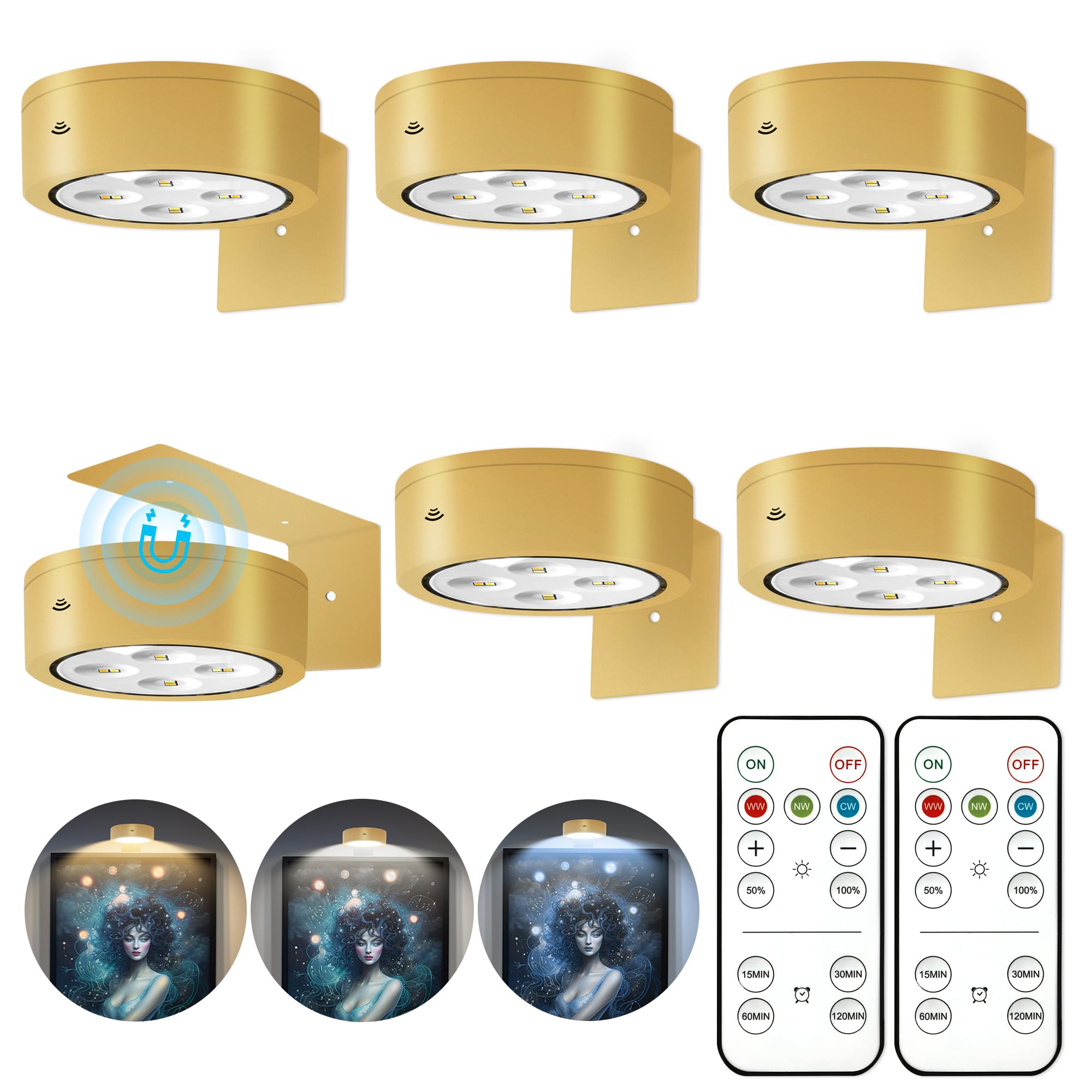 6Pcs Battery Operated Picture Light, Magnetic Led Painting Light with Remote Dimmable and Timer, 3 Lighting Modes Art Display Li