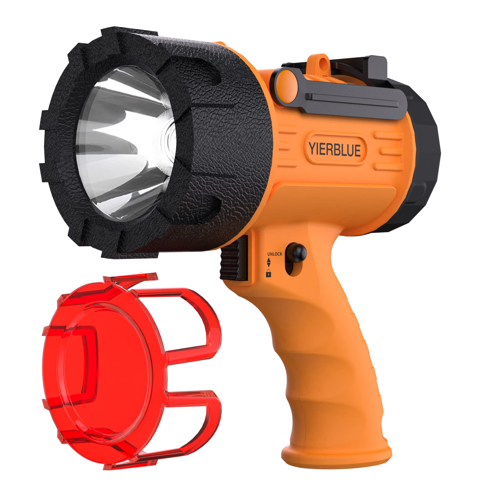YIERBLUE Rechargeable Spotlight, 200000 Lumens LED, 18W, Waterproof, 10000mAh, Small Size, Orange, Model yiff-03