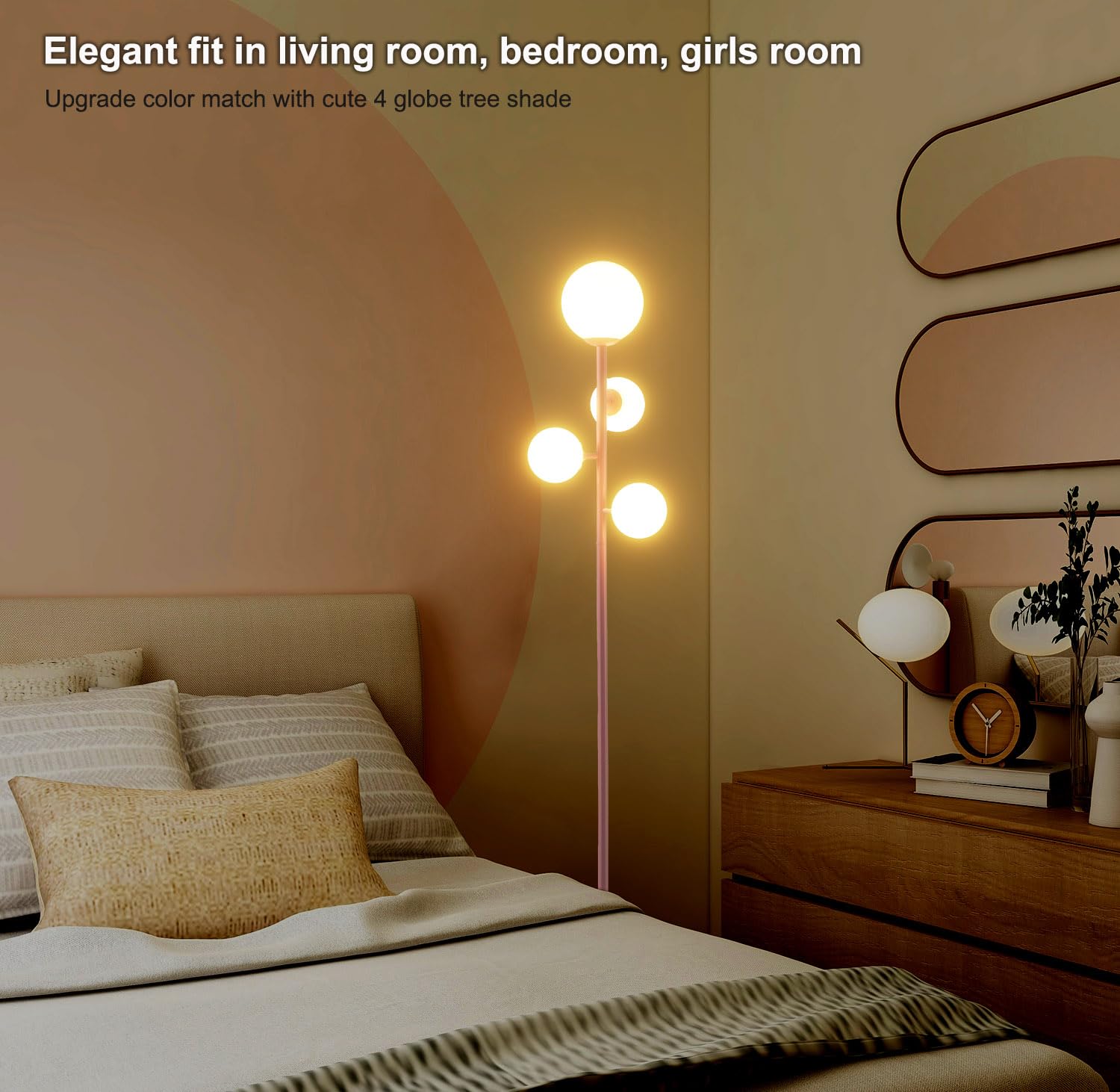 Fiqevs Modern 4 Globe Gold Floor Lamp With Frosted Glass, Mid Century Design, 3000K Led