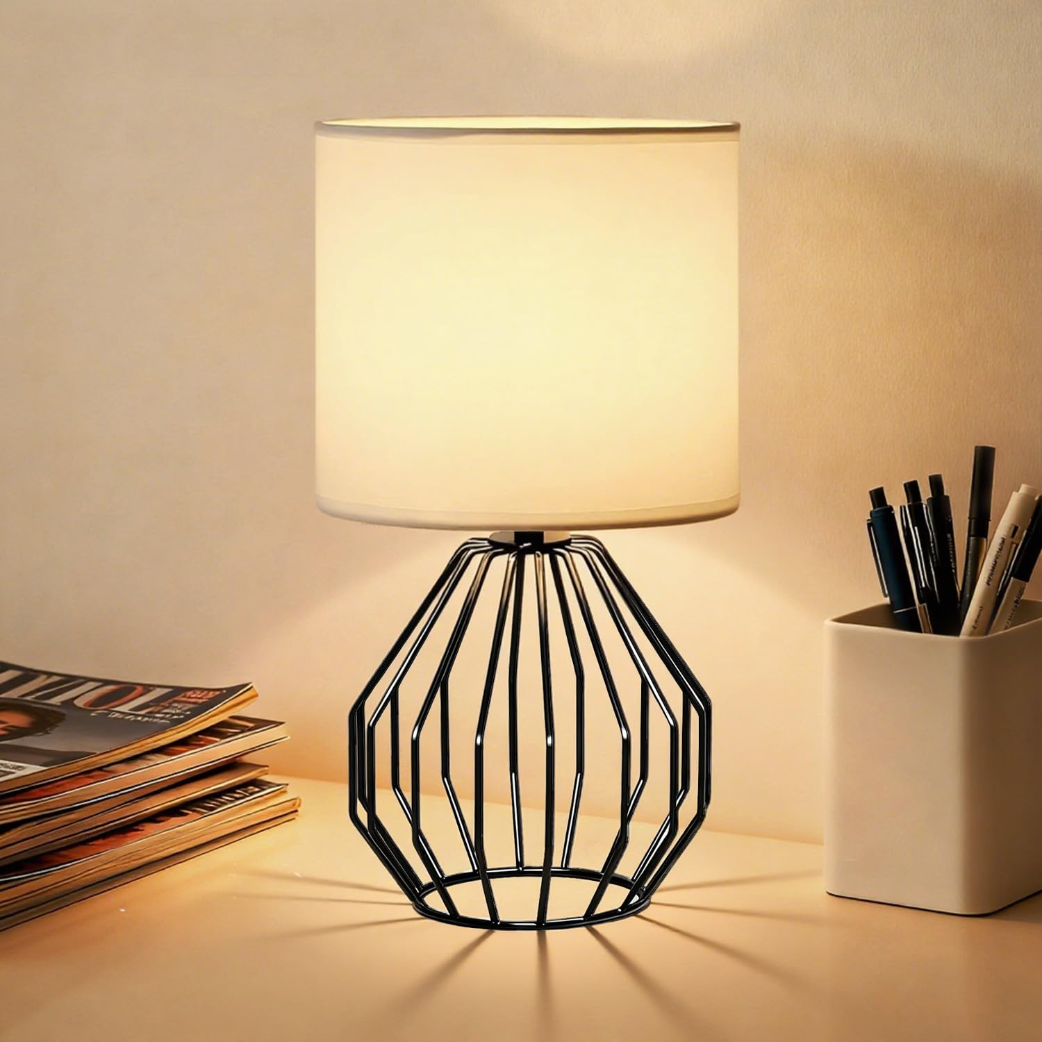 KRASTY Small Black Table Lamp  Modern Minimalist Desk Lamp with Metal Base White Fabric Shade  Bedside Nightsand Table Lamp for Bedroom  Living Room  Kis Room
