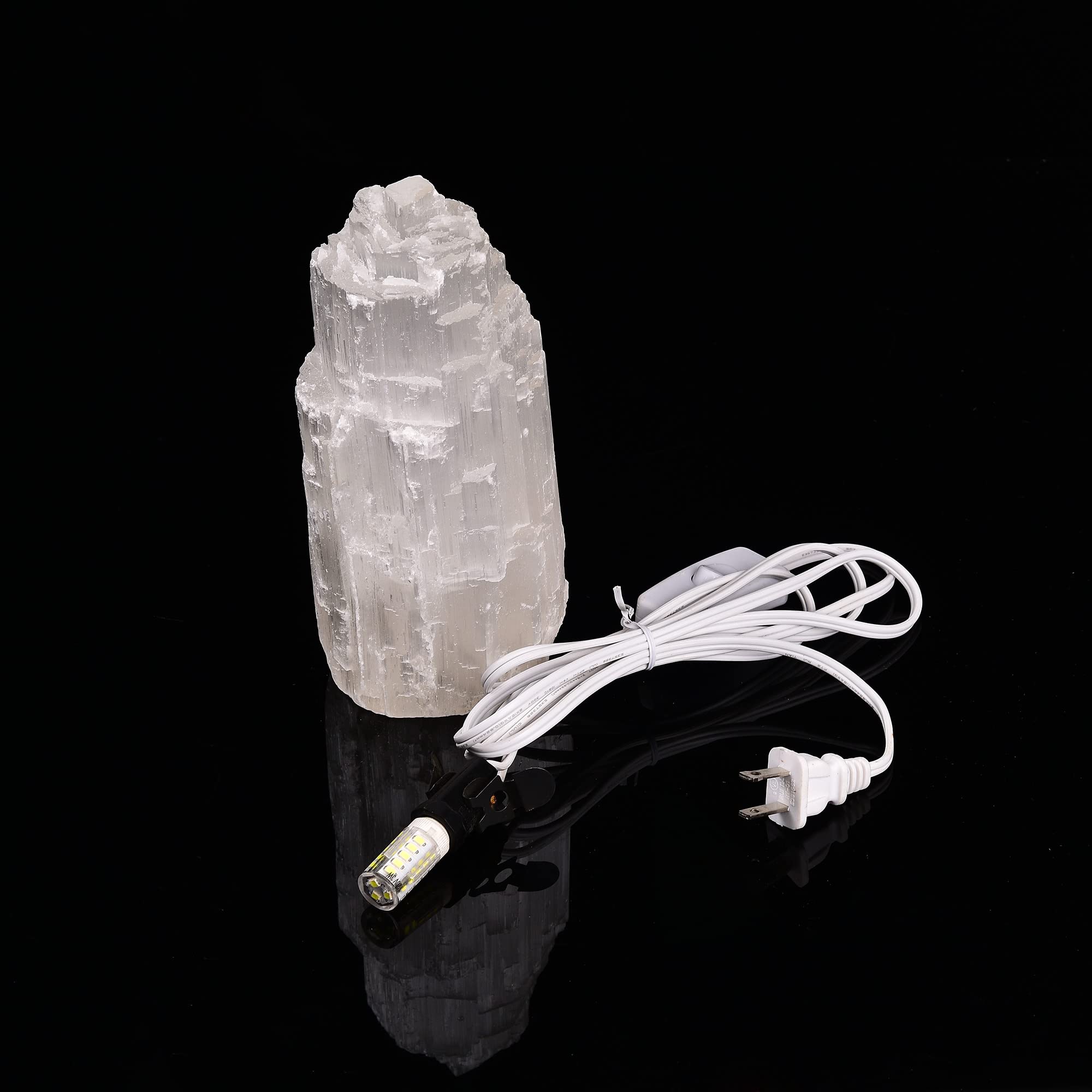 AMOYSTONE 8" Natural Selenite Crystal Lamp - White Gemstone Skyscraper Tower with LED Bulb Switch