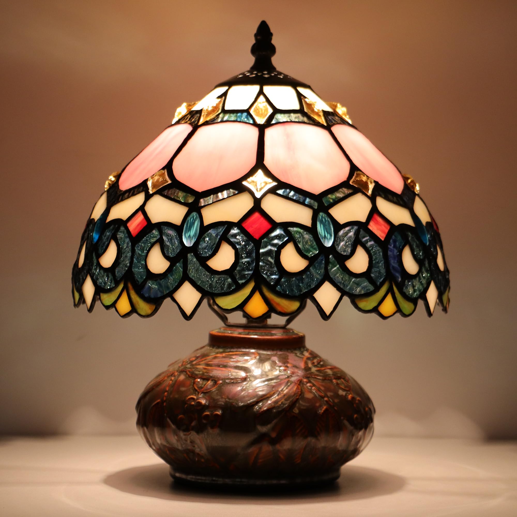 LXHCYOU Small Tiffany Table Lamp, 10X10X11 Inch Mini Stained Glass Mushroom Desk Light Memory Sympathy Ceramic lamp (Pink Baroqu