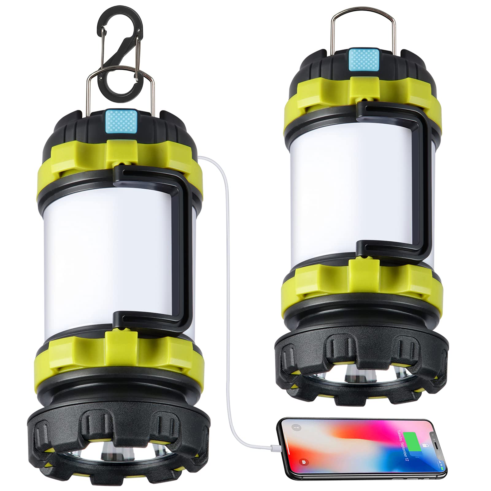 BOBKID Camping Lantern 2 Pack, Rechargeable LED 1000LM, 6 Modes, 4000mAh Power Bank, IPX5 Waterproof, Green, Model KJ-129