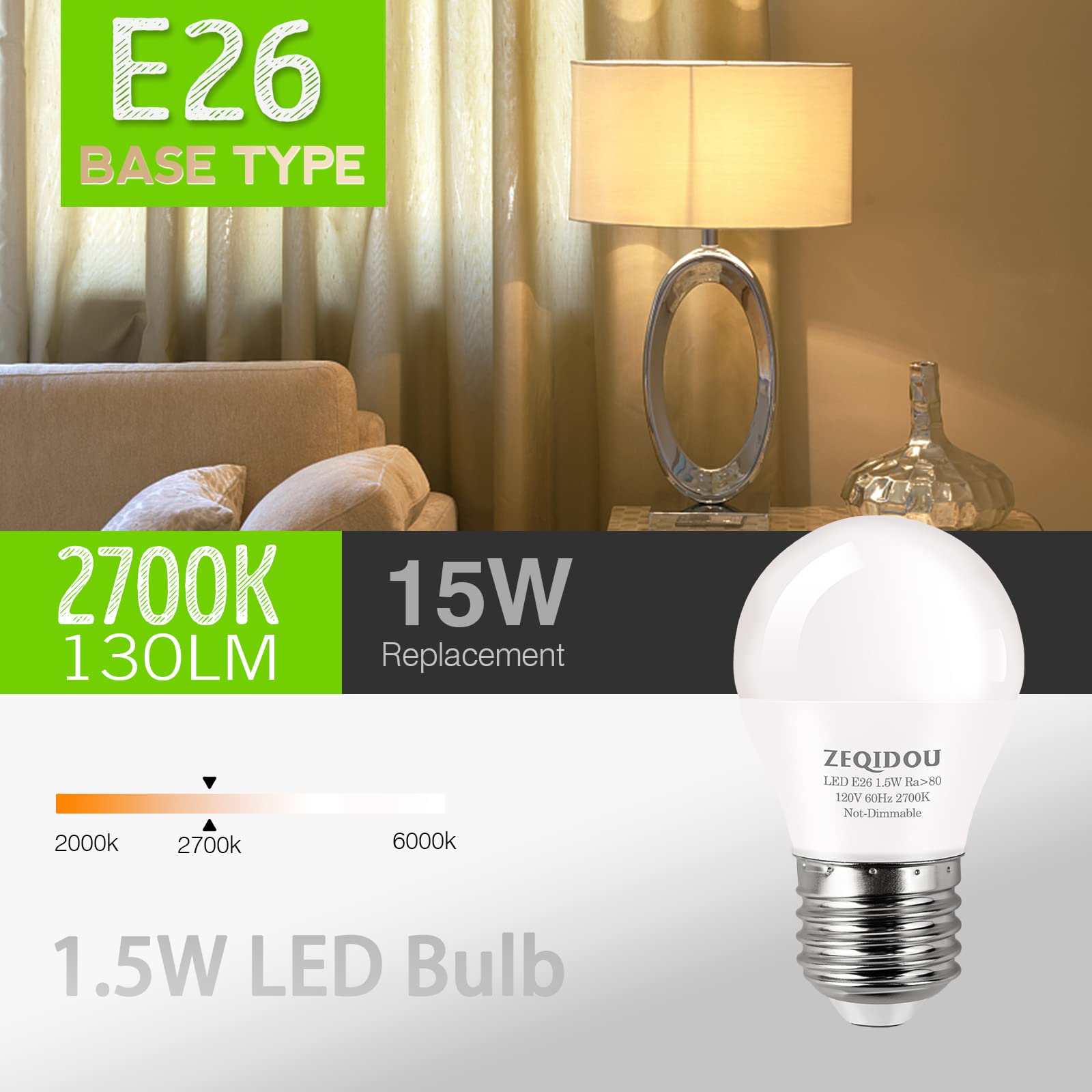 ZEQIDOU 1.5W LED Light Bulbs, 15W Equivalent A15 Soft White 2700K, E26 Base, 4 Pack