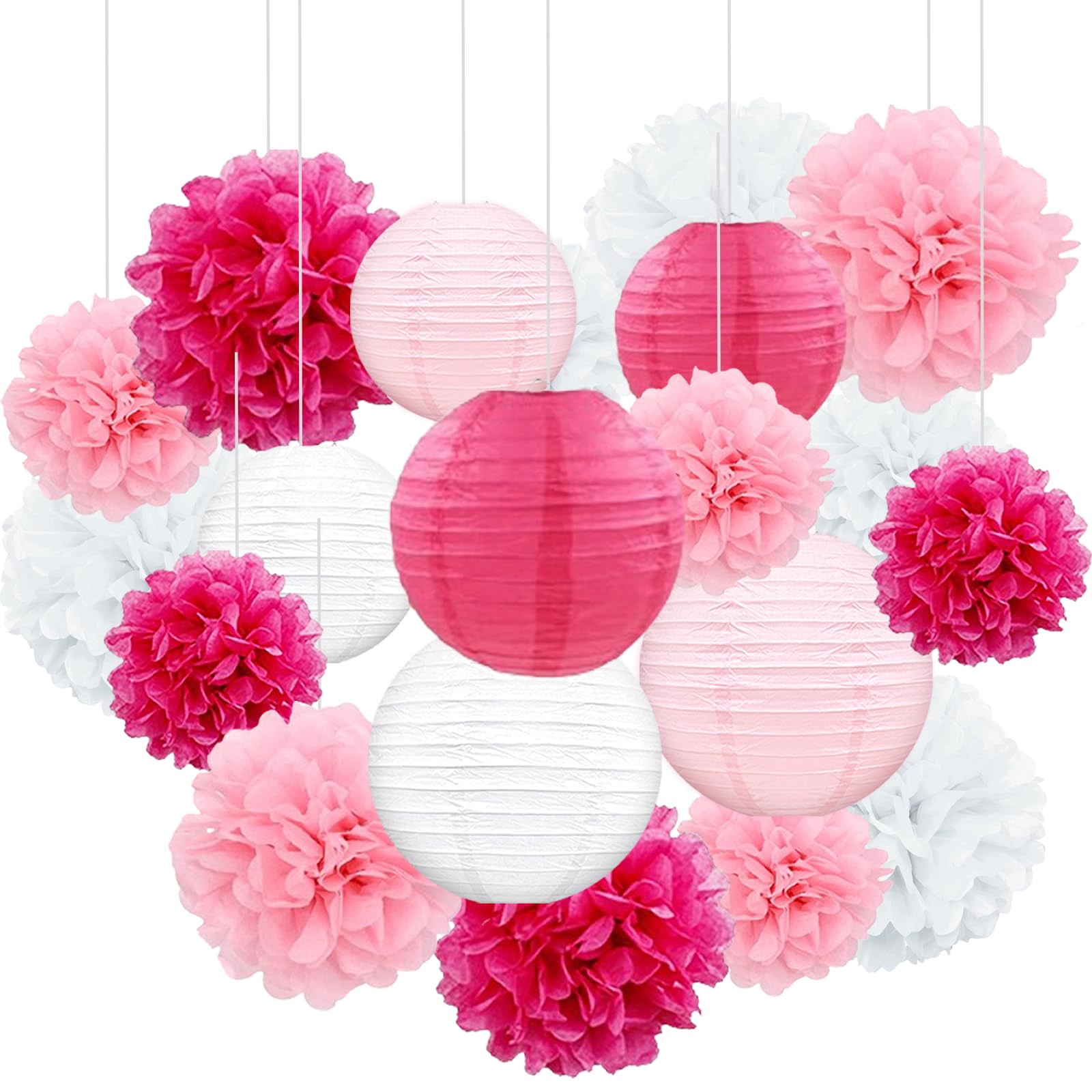 Celehappy Pink Paper Lanterns Party Decorations Tissue Paper Pom Poms for Weddings Birthdays Parties 18pcs Hanging Paper Lantern