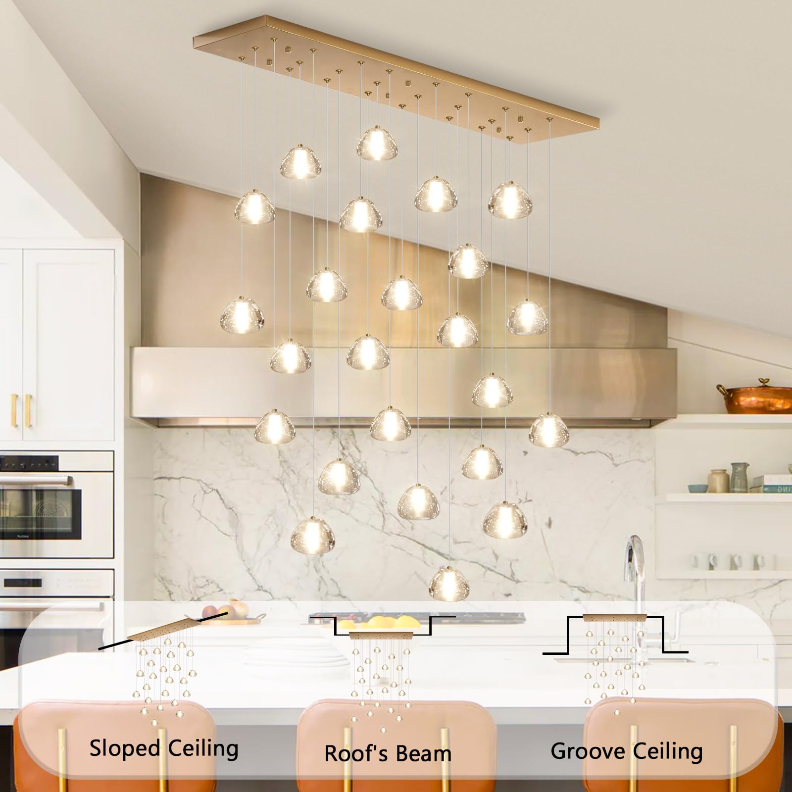 dolria Modern Crystal Rectangular Chandelier, 24-Lights, Gold, LED Pendant Light for Living Room, Hotel, Hallway, Model PC0010-24G-Chang