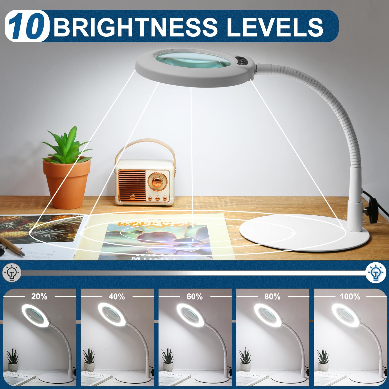 Ivmaie 10X Magnifying Glass With Light, Flexible Gooseneck Lighted Magnifier With Stand, 5 Color Modes Dimmable Led Desk Lamp Ha