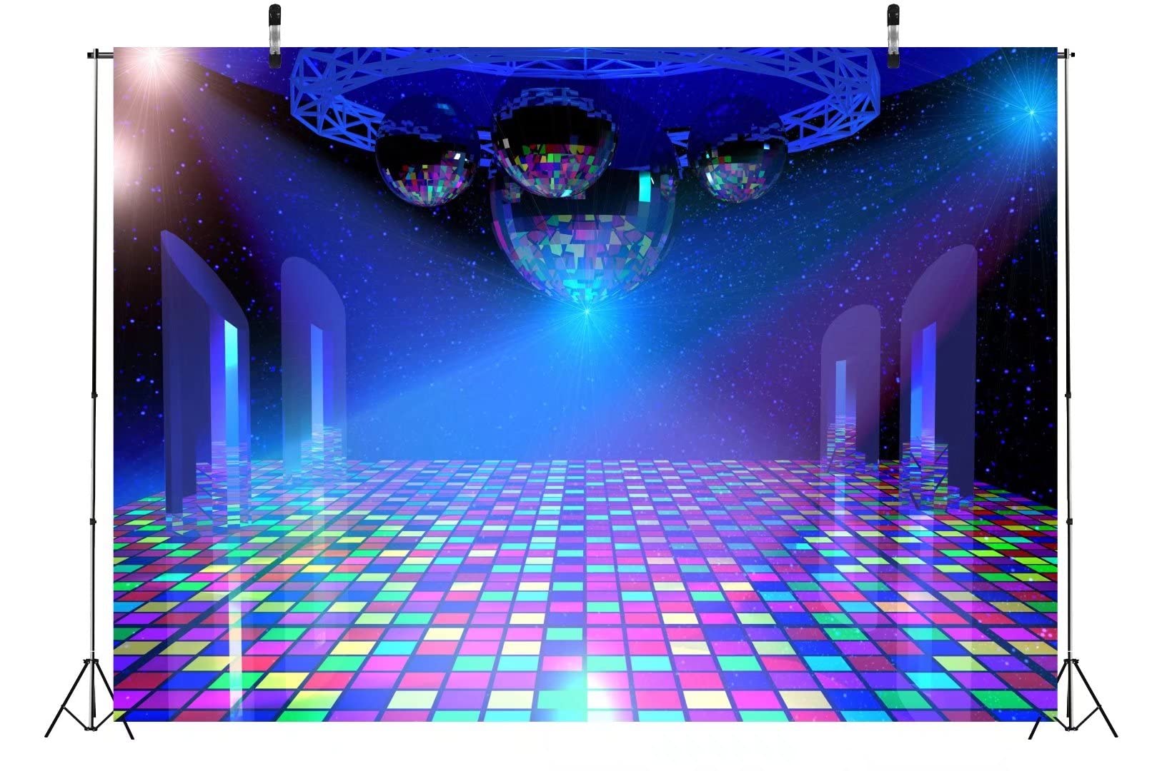 Beleco 9X6Ft Fabric Disco Party Backdrop Vintage 70S 80S 90S Disco Ball Blue Stage Backdrop Night Club Neon Music Birthday Backdrop Disco Theme Party Decorations Let'S Glow Crazy Backdrop Studio Props