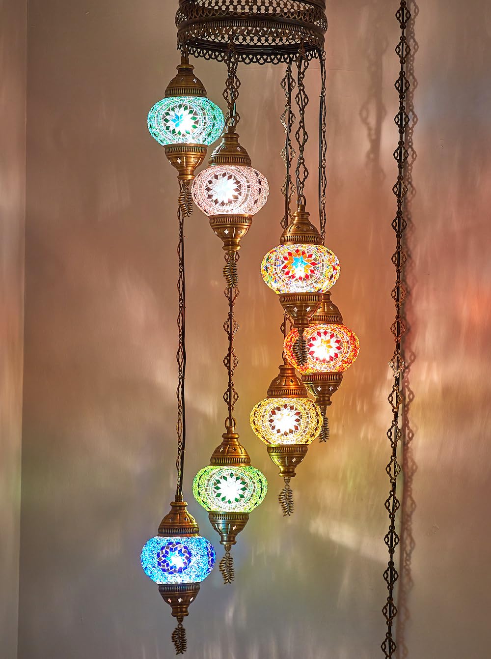 DEMMEX 7-Globe Moroccan Mosaic Chandelier, Tiffany Style Pendant Light, 59x14 Inches, Multicolor1, Model DEMMEX-Swag7