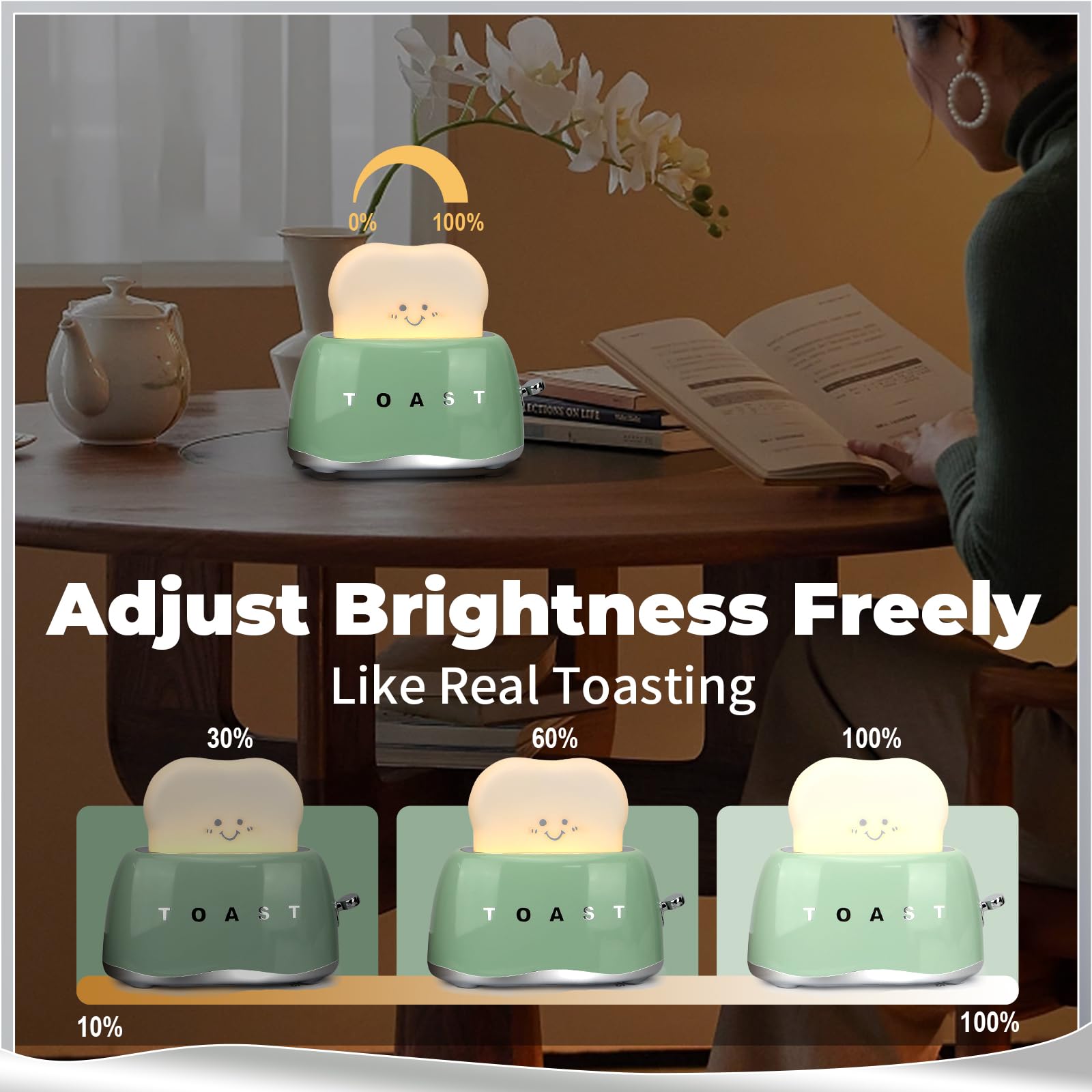 QANYI Retro Toaster Lamp, Rechargeable Desk Light, Small Size, Sage Green
