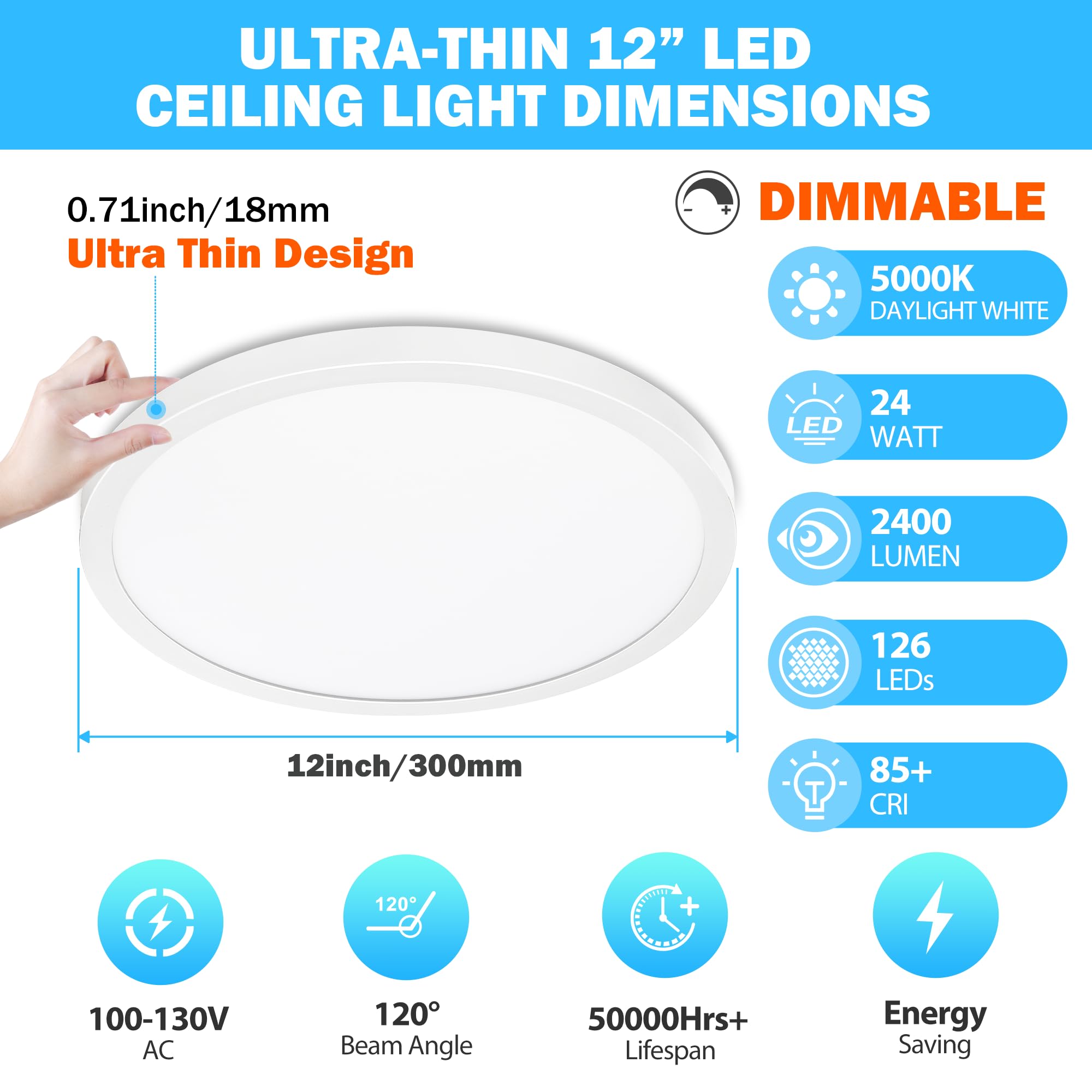 Sunrider 2-Pack Led Flush Mount Ceiling Light, 12 Inch 2400Lm, 5000K Daylight White, 24W Dimmable Modern Slim Round Flat Lights