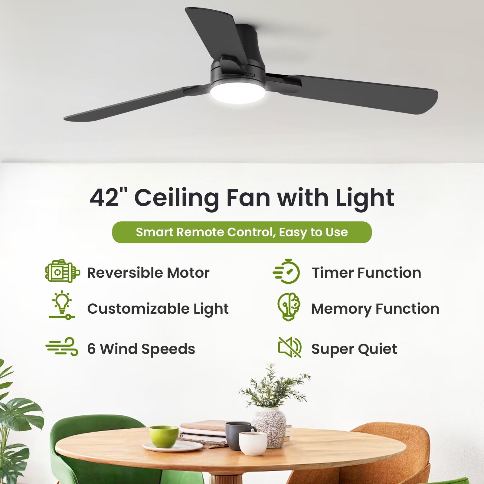 OSTIVE 42 Inch Black Ceiling Fan with Lights, Remote, Quiet Reversible DC Motor, 3CCT Dimmable LED for Indoor/Outdoor Use