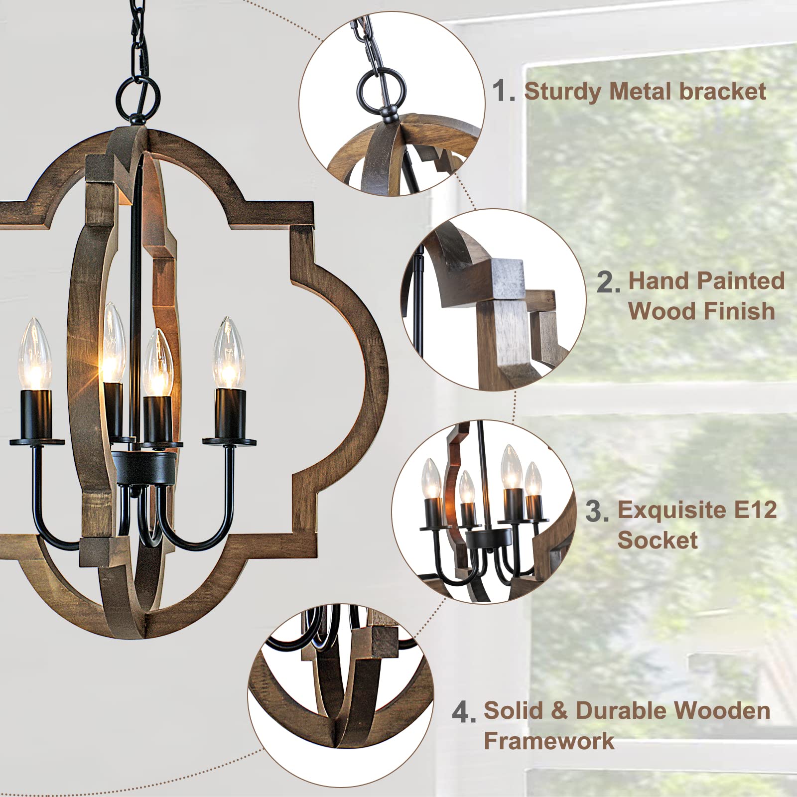 Rviezza 19.49'' Farmhouse Wood Chandelier, 4-Light Rustic Dining Room Light Fixture, Orb Chandelier Light Adjustable Height, Pendant Lighting For Kitchen Island Foyer Living Room Over Dining Table