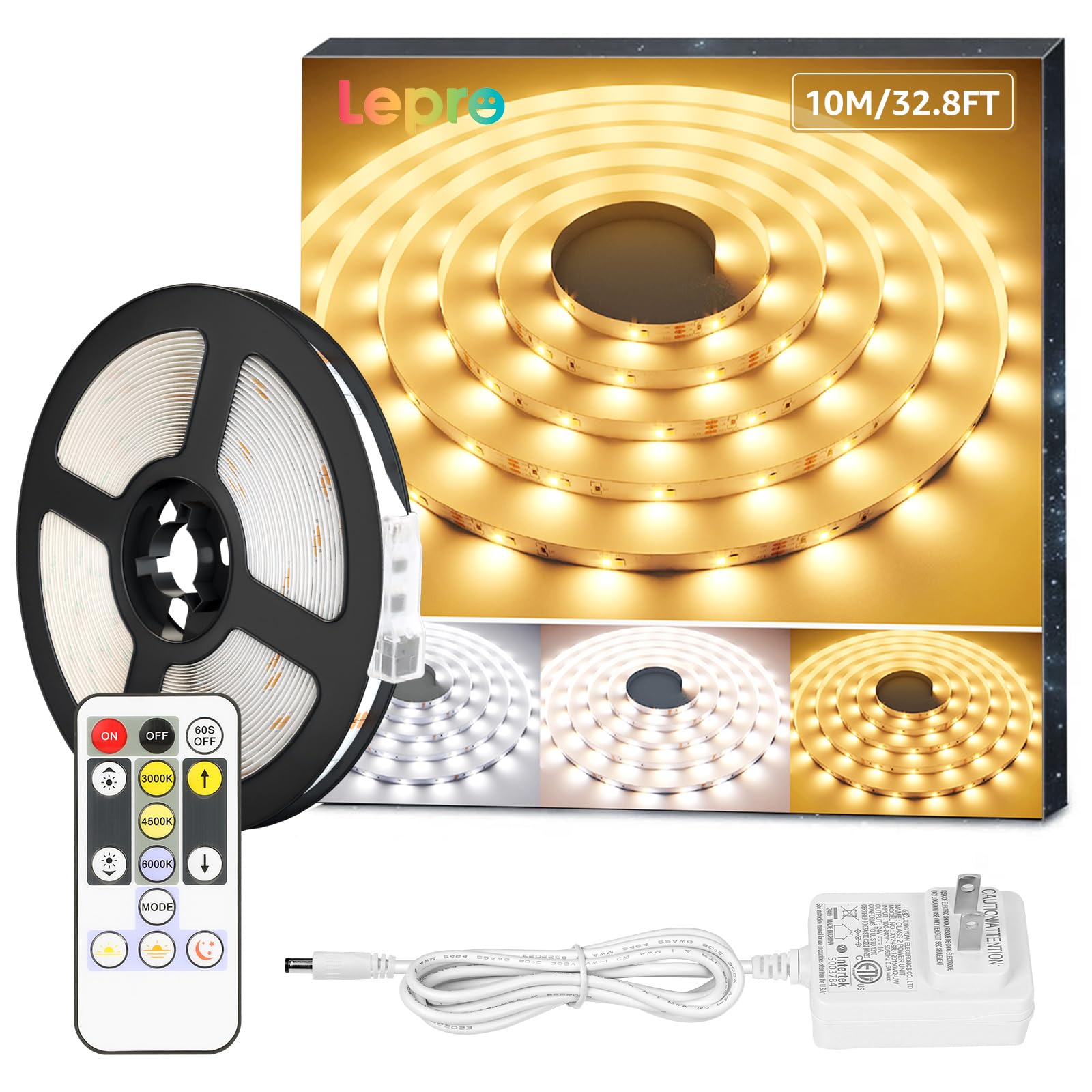 Lepro LED Strip Light, 32.8ft Dimmable Tunable White 3000K-6000K, 600 LEDs, Plastic, White, Model PR410098-DWW-US