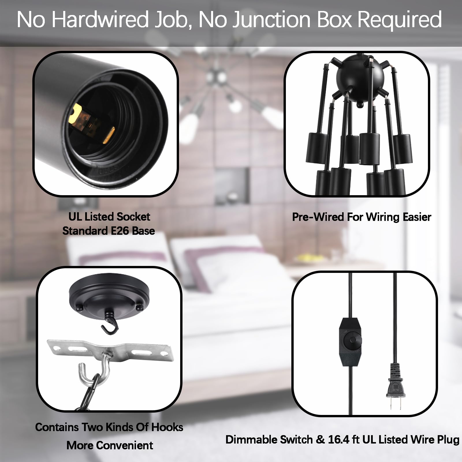 Jacklove Dimmable Plug In Chandelier, 8-Light Black Metal Ceiling Hanging Lights With 16.4Ft Long Cord On/Off Switch, Mid-Centur