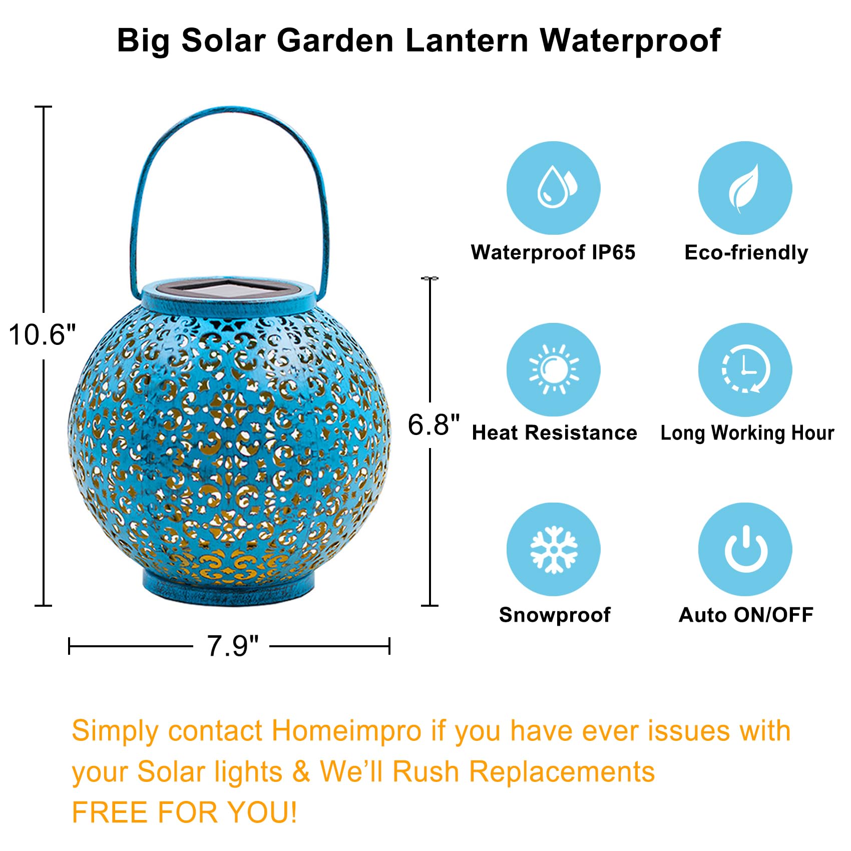 HOMEIMPRO Solar Lantern Hanging Garden Light, Metal Table Lamp, Waterproof, Large, Teal Blue, Model dd526