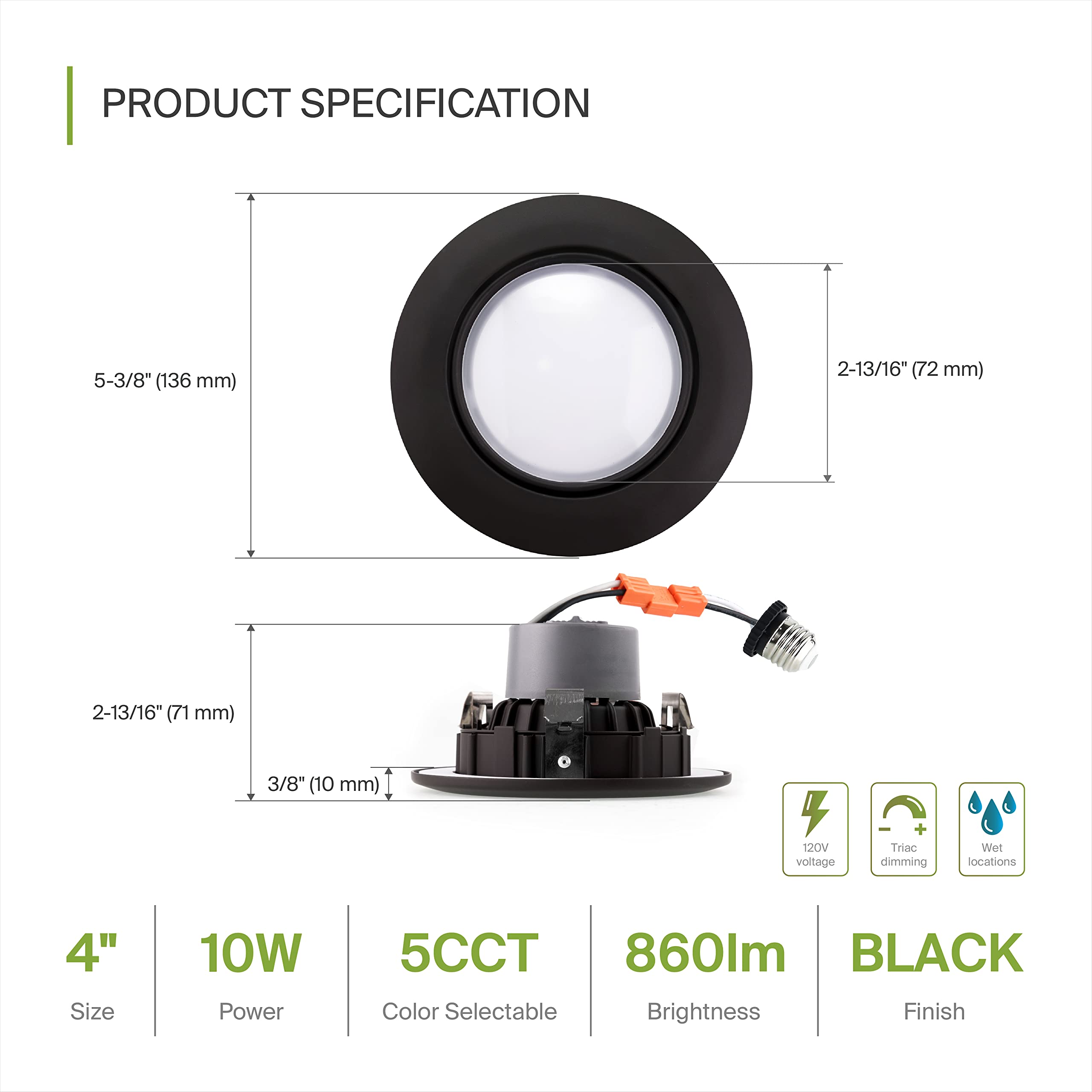 ASD 4 Inch Gimbal LED Recessed Light, Black Trim, 10W, 860LM, Dimmable, Adjustable, Aluminum, 12 Pack, Model A-LRKGB