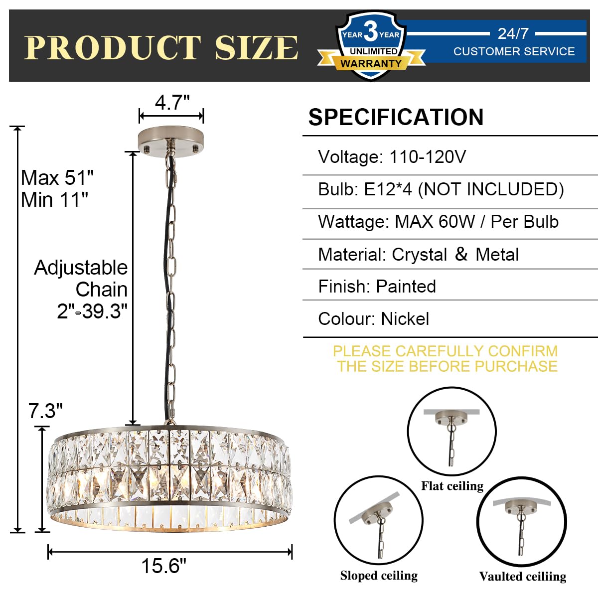 Salaiwei 16    4-Light Modern Crystal Chandeliers Nickel Dinning Room Light Fixture, Round Pendant Light Kitchen Island Chandeli