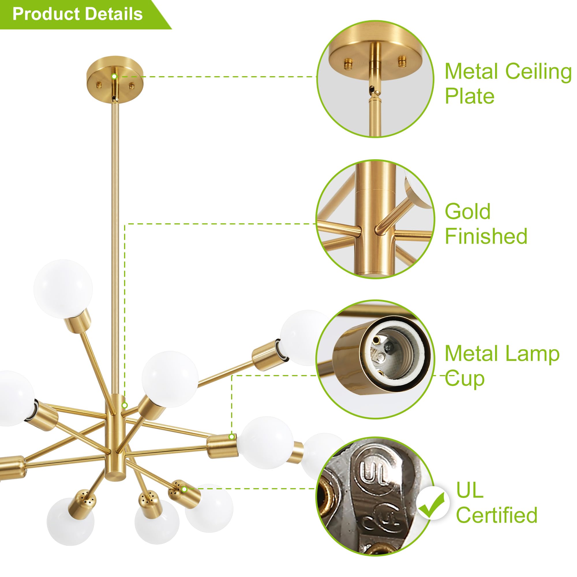 Deyidn Modern Chandelier Gold Chandeliers 12-Light Mid Century Sputnik Ceiling Lighting Fixture For Living Room, Kitchen, Bedroo