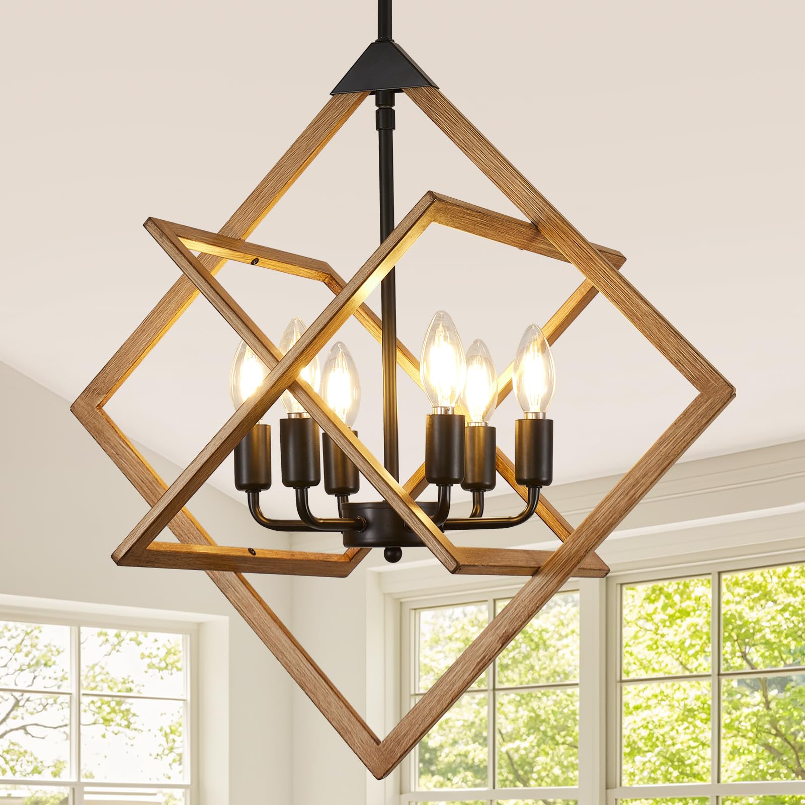 24 Modern Pendant Lights Kitchen Island  6-Light Black + Wood Grain Farmhouse Pendant Light Fixtures  Industrial Hanging Pendant Lights Fixture for Kitchen Island Dining Room Hallway Foyer Entryway