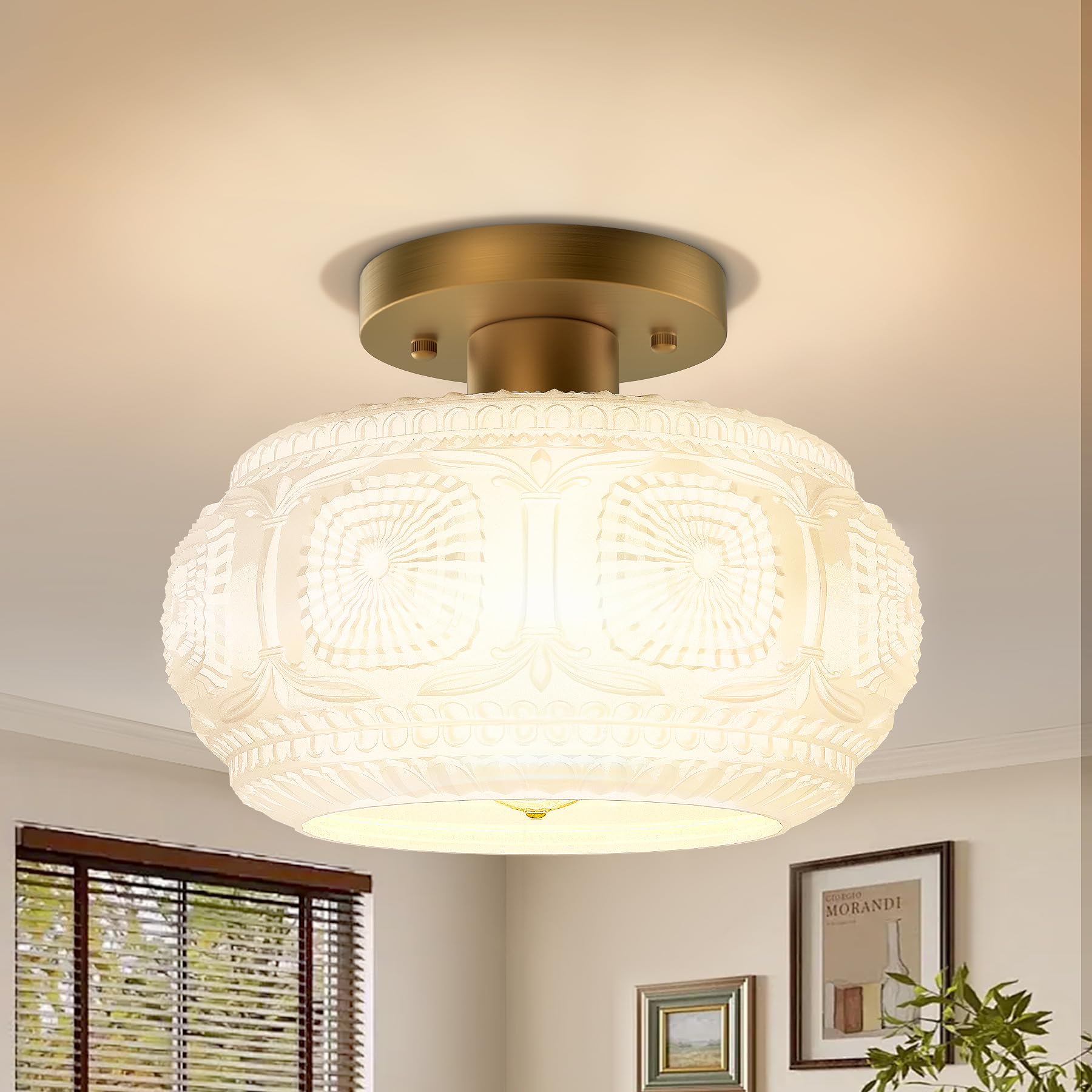 OYKYOHEI Semi Flush Mount Ceiling Light, Milk Glass Shade Modern Ceiling Light Fixture, Vintage Gold Lighting for Hallway Bedroo
