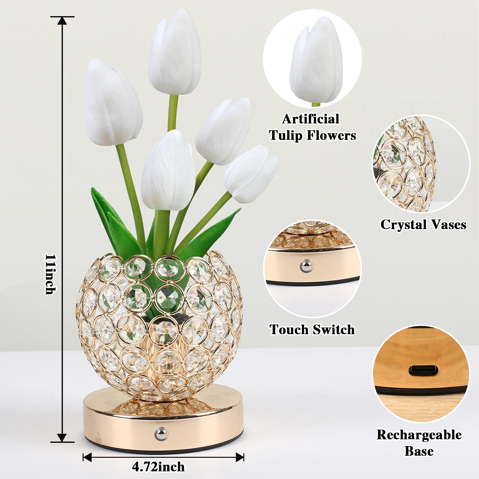 Zqpbled Birthday Gifts For Women/Mom Table Lamp  3 Color Crystal Flower Bedside Lamps Infinitely Dimming With Usb Charge Small Night Light Nightstand Touch Lamp For Bedroom (A-White)