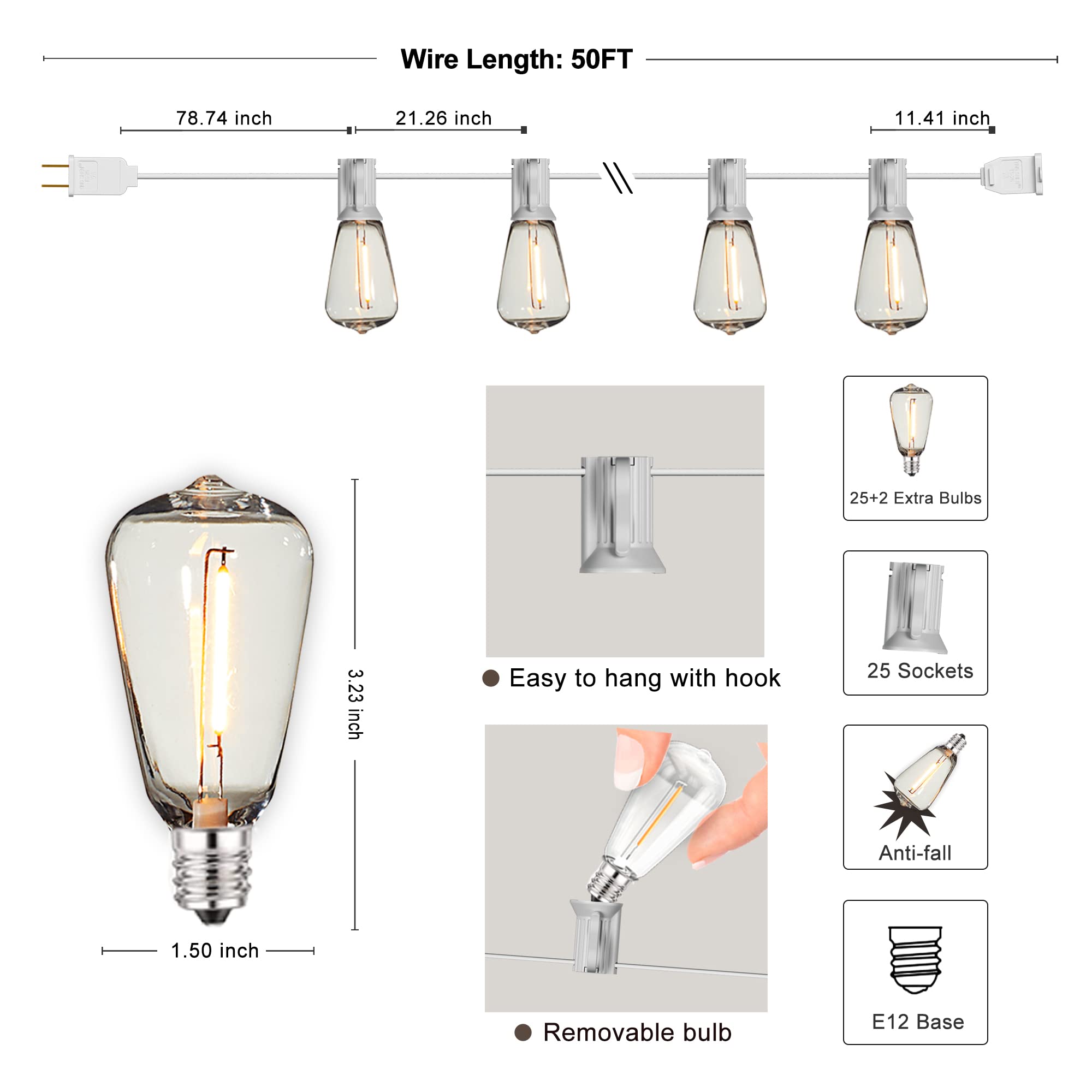 Damaing 50Ft Outdoor String Lights, Waterproof Led Patio Lights With 27 Shatterproof Vintage Bulbs, White Cable, Model Us050025