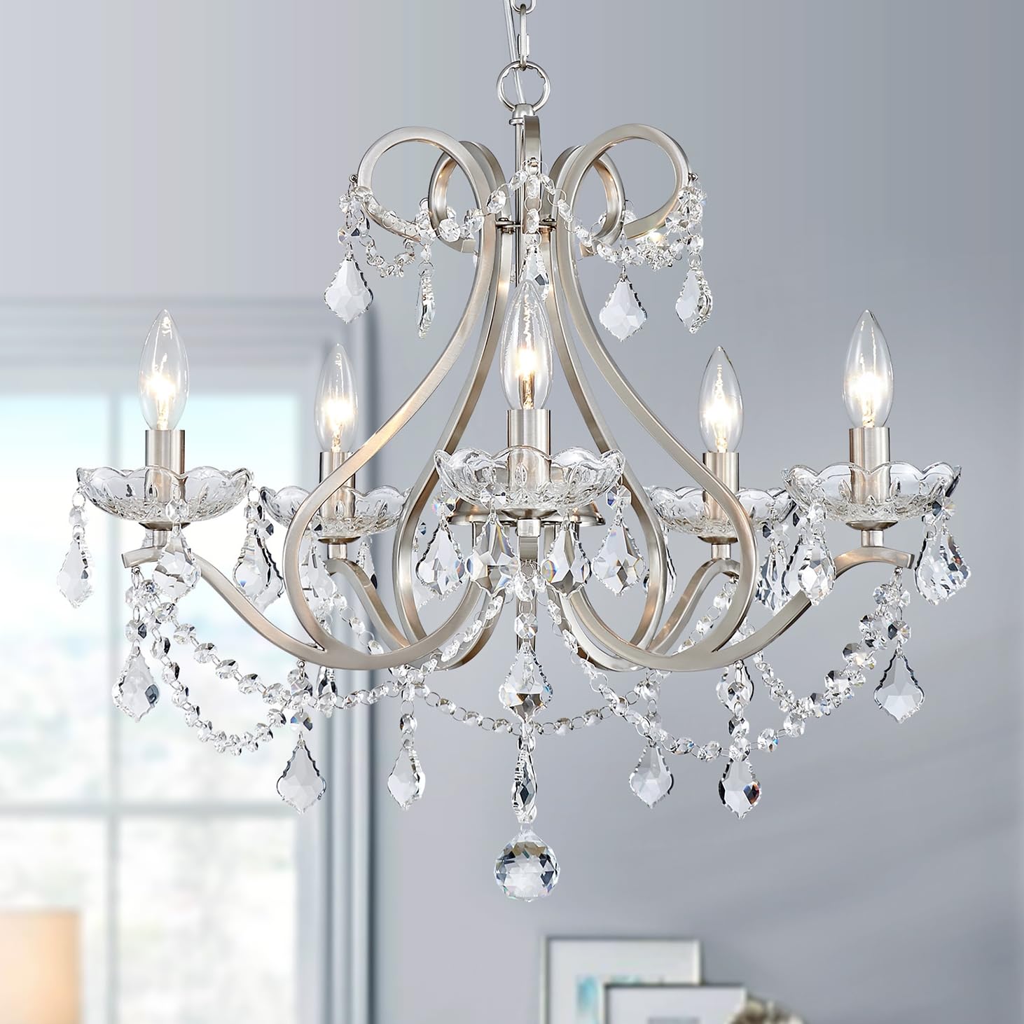 Wuzups Crystal 5-Light Candle Chandelier Pendant Flushmount Ceiling Light Modern Lighting Fixture For Bedroom Hallway Bar Kitchen Bathroom  H 20.9 X W 21.7  Brushed Nickel  E12 Base