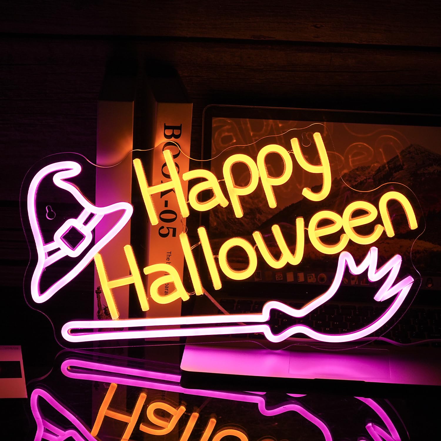 LISIGNVE Neon Witch Hat Sign - Dimmable LED Wall Decor for Halloween - Pink & Yellow