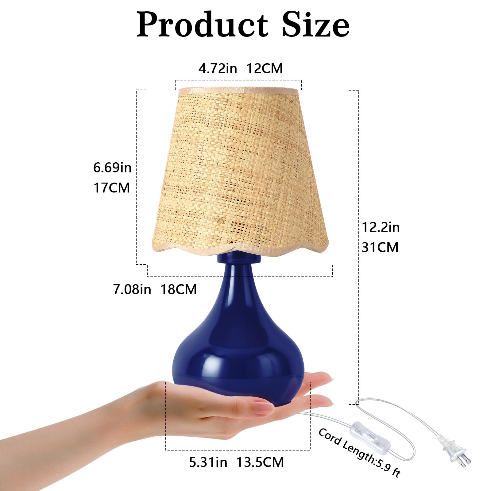 Ziqqeelam Navy Blue Small Bedside Mini Table Lamp For Bedroom, Small Bedroom Lamps For Nightstand, Small Rattan Shade Table Lamp