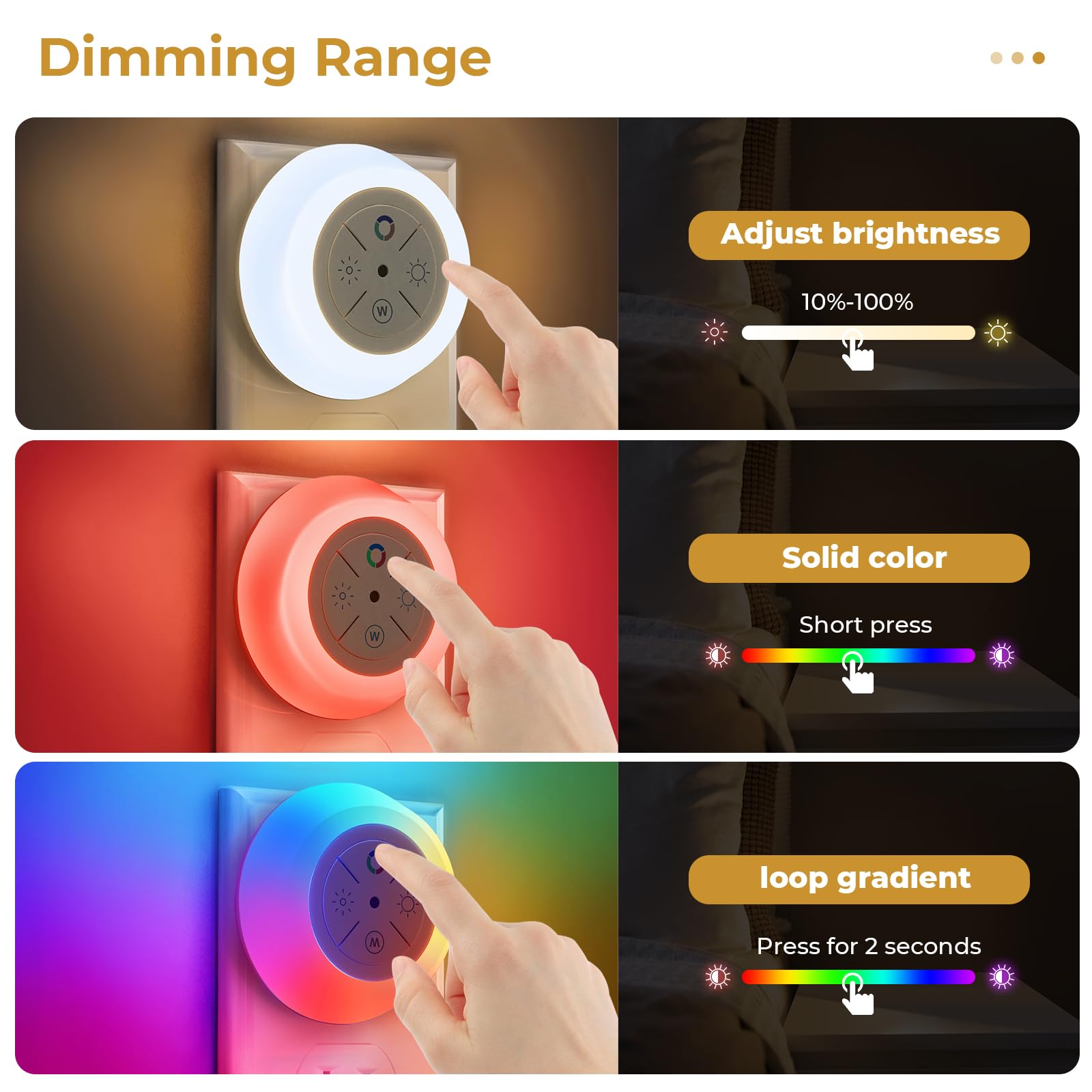 Dawnrise Plug-in Night Lights with Dusk to Dawn Sensor, 12-Color Changing, Dimmable, 4 PK, White for Bedroom, Stairs, Kitchen, Kids Room