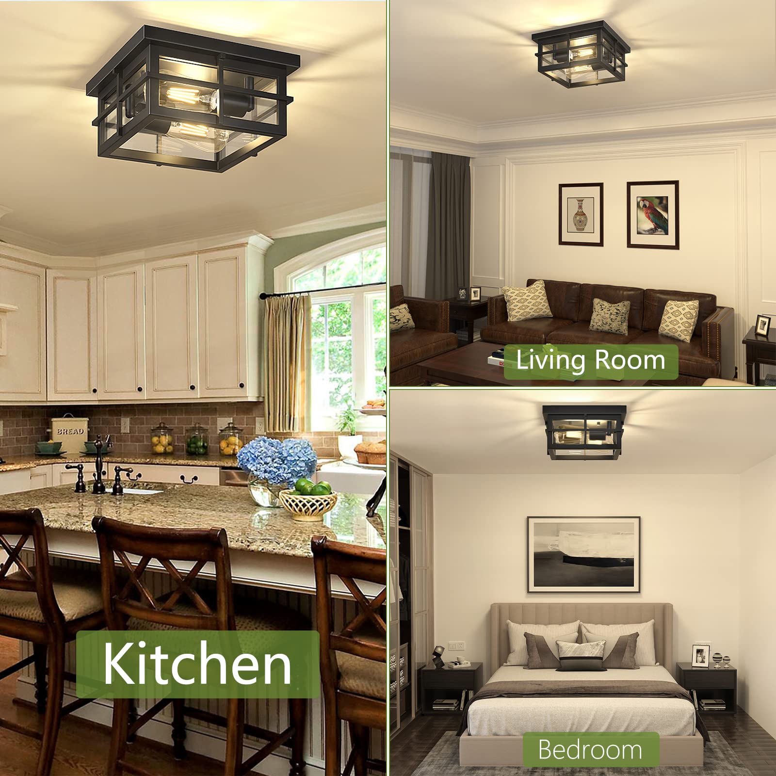 Asnxcju Modern Outdoor Ceiling Light Fixtures, 2-Light Black Flush Mount Light Fixtures With Clear Glass Shade, Farmhouse Square