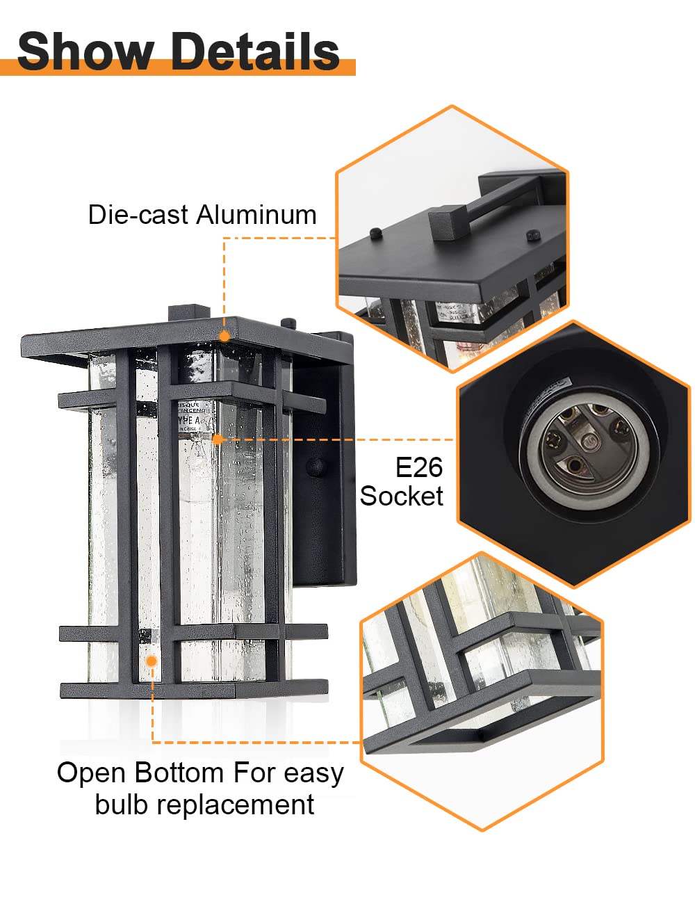 VOCLDFA Retro Outdoor Wall Light - Small Wall Lamp, Clear Seeded Glass Shade, IP65 Waterproof, 10inH, Black, Model HY-01S