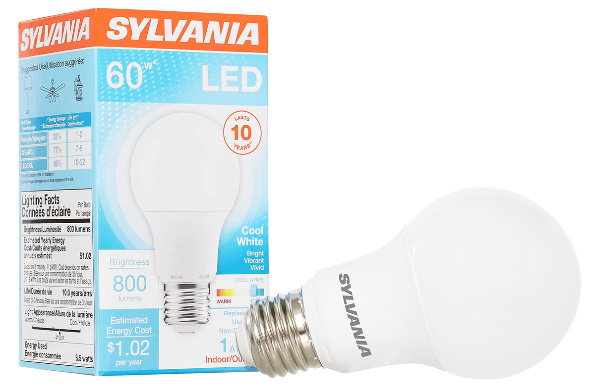 Sylvania Led Light Bulb, 60W Equivalent A19, Efficient 8.5W, Medium Base, Frosted Finish, 800 Lumens, Cool White - 1 Pack (74321