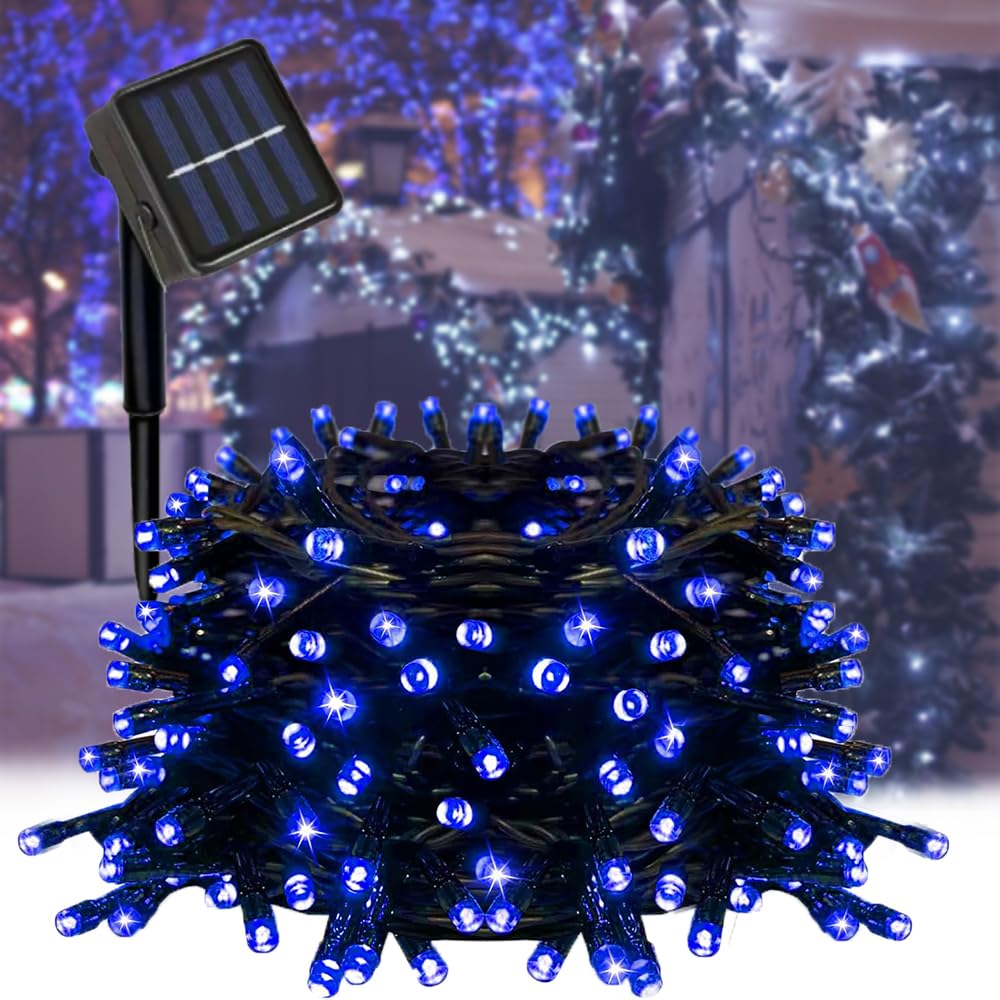 Taoushuleng Solar Blue String Lights Outdoor, Blackish Green Wire, 40ft 100 LED with 8 Lighting Modes for Outside,Garden,Courtya
